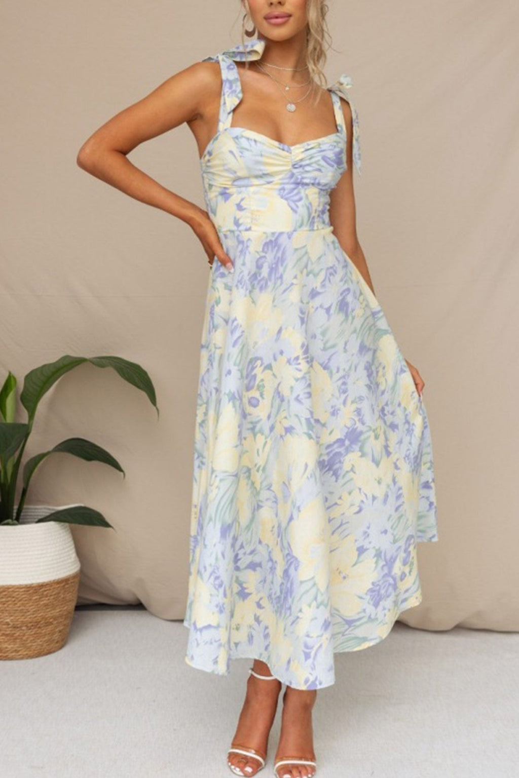 Print Tie-straps Waisted Midi Dress