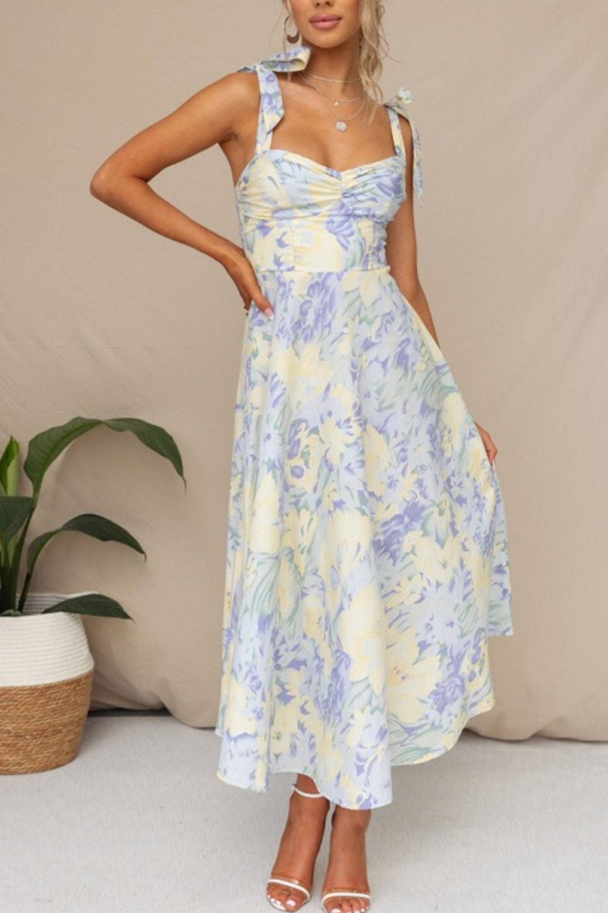 Print Tie-straps Waisted Midi Dress