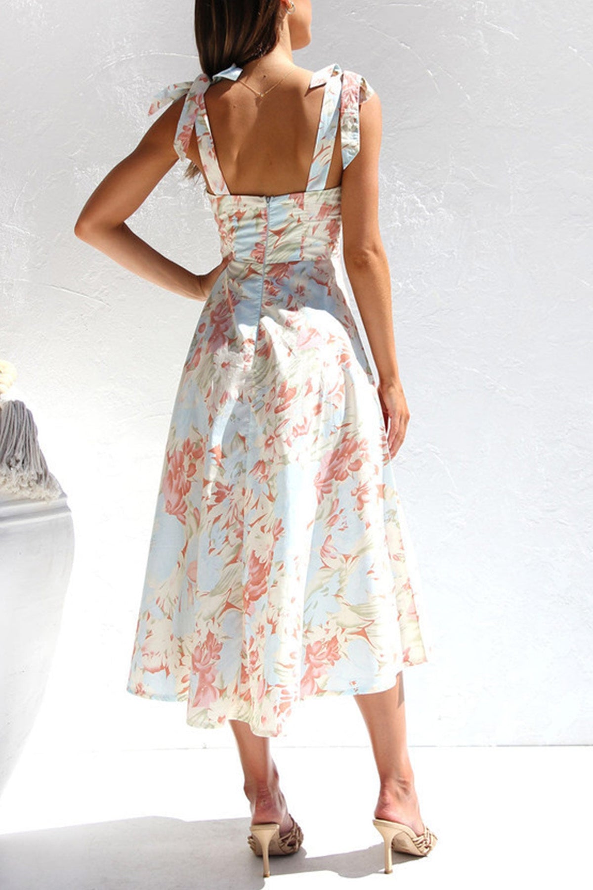 Print Tie-straps Waisted Midi Dress