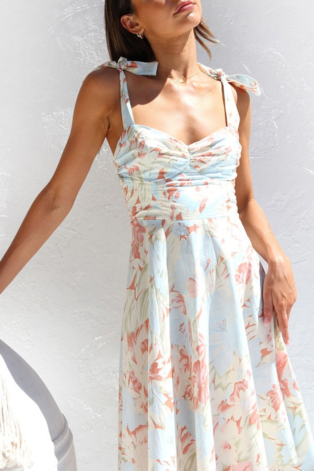 Print Tie-straps Waisted Midi Dress