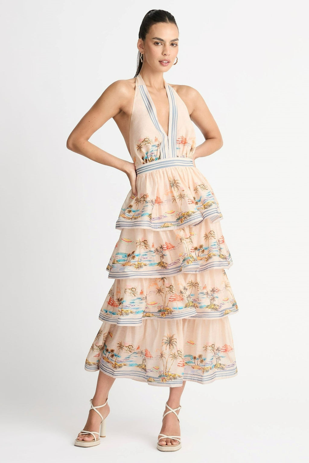Halter Neck Backless Tiered Ruffle Hem Maxi Dress