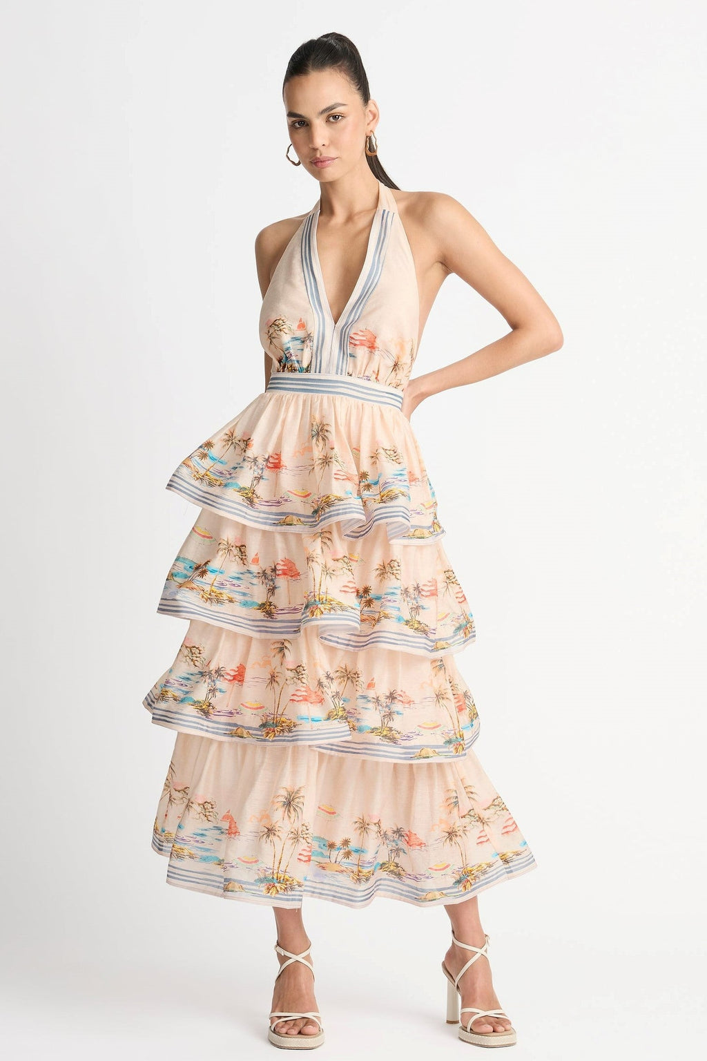 Halter Neck Backless Tiered Ruffle Hem Maxi Dress