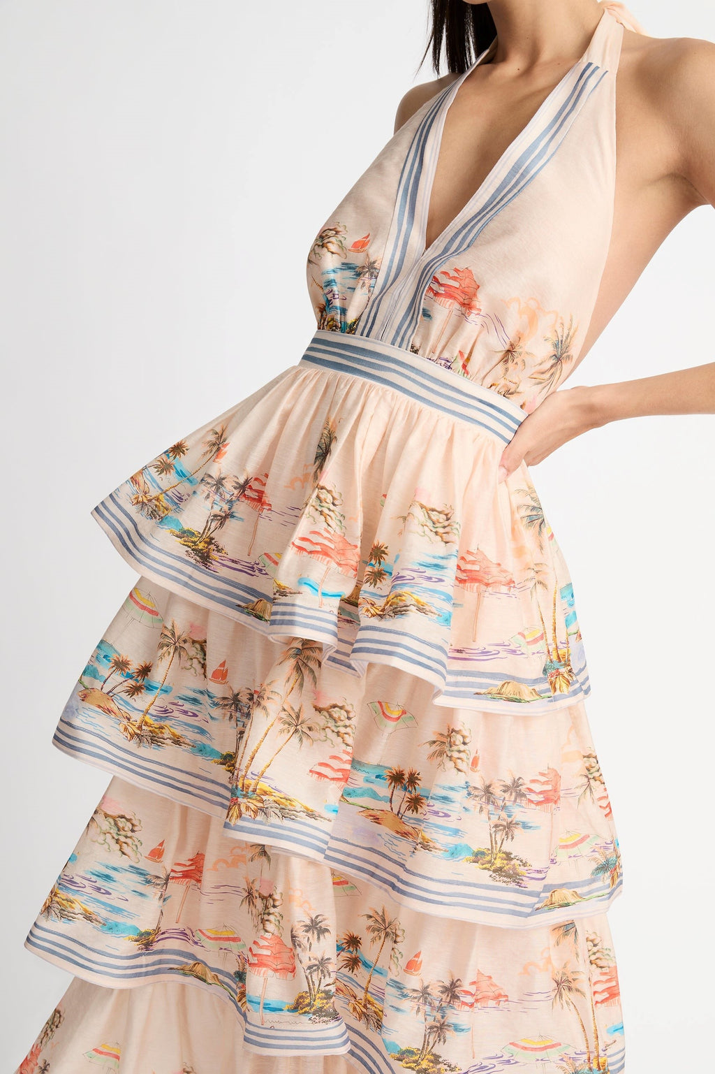 Halter Neck Backless Tiered Ruffle Hem Maxi Dress