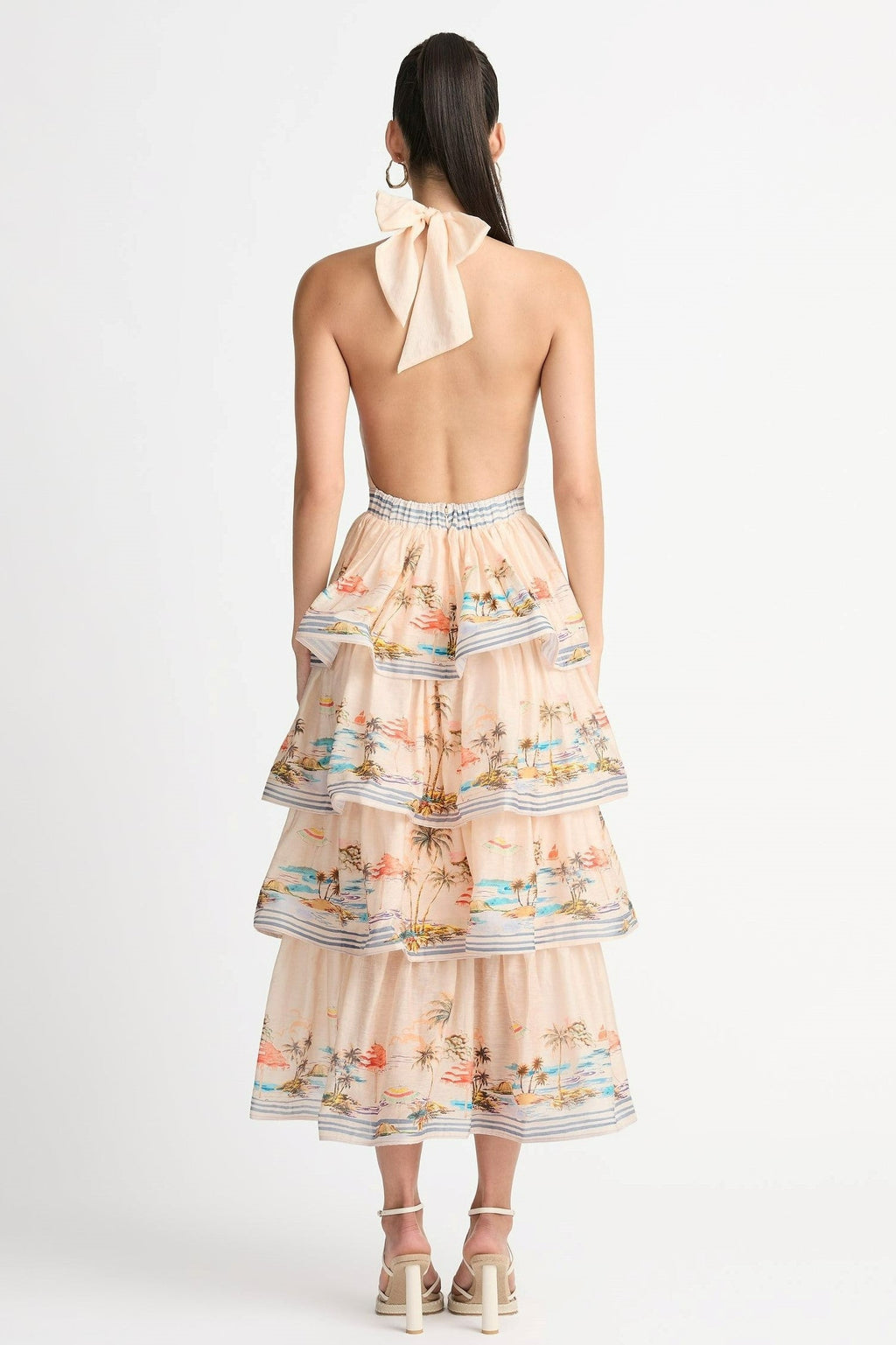 Halter Neck Backless Tiered Ruffle Hem Maxi Dress