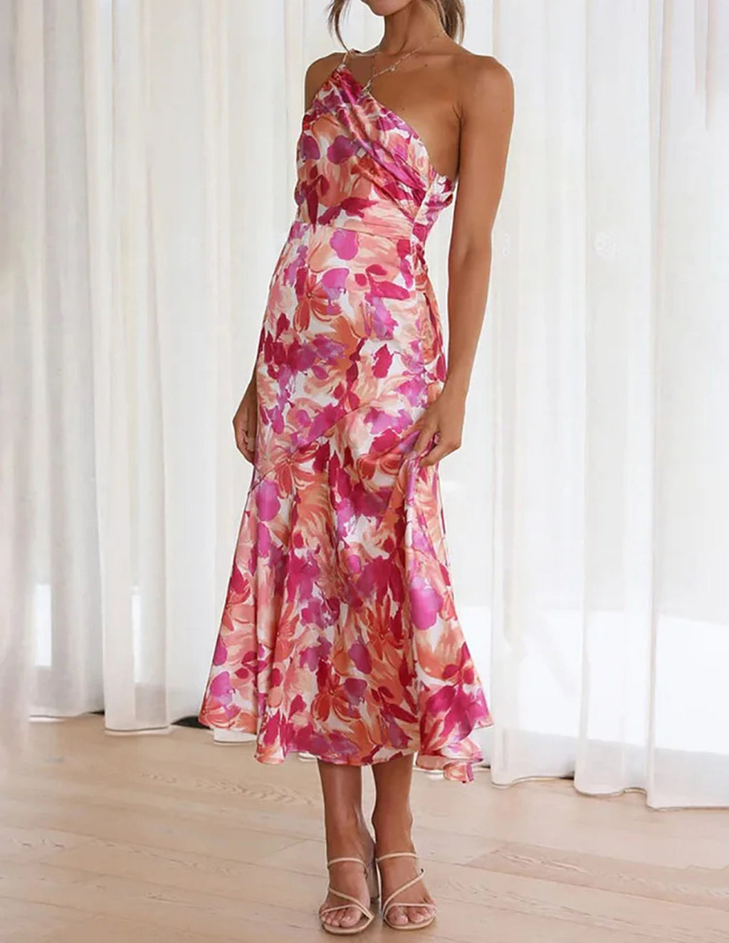 Pink One Shoulder Ruched Satin Dress