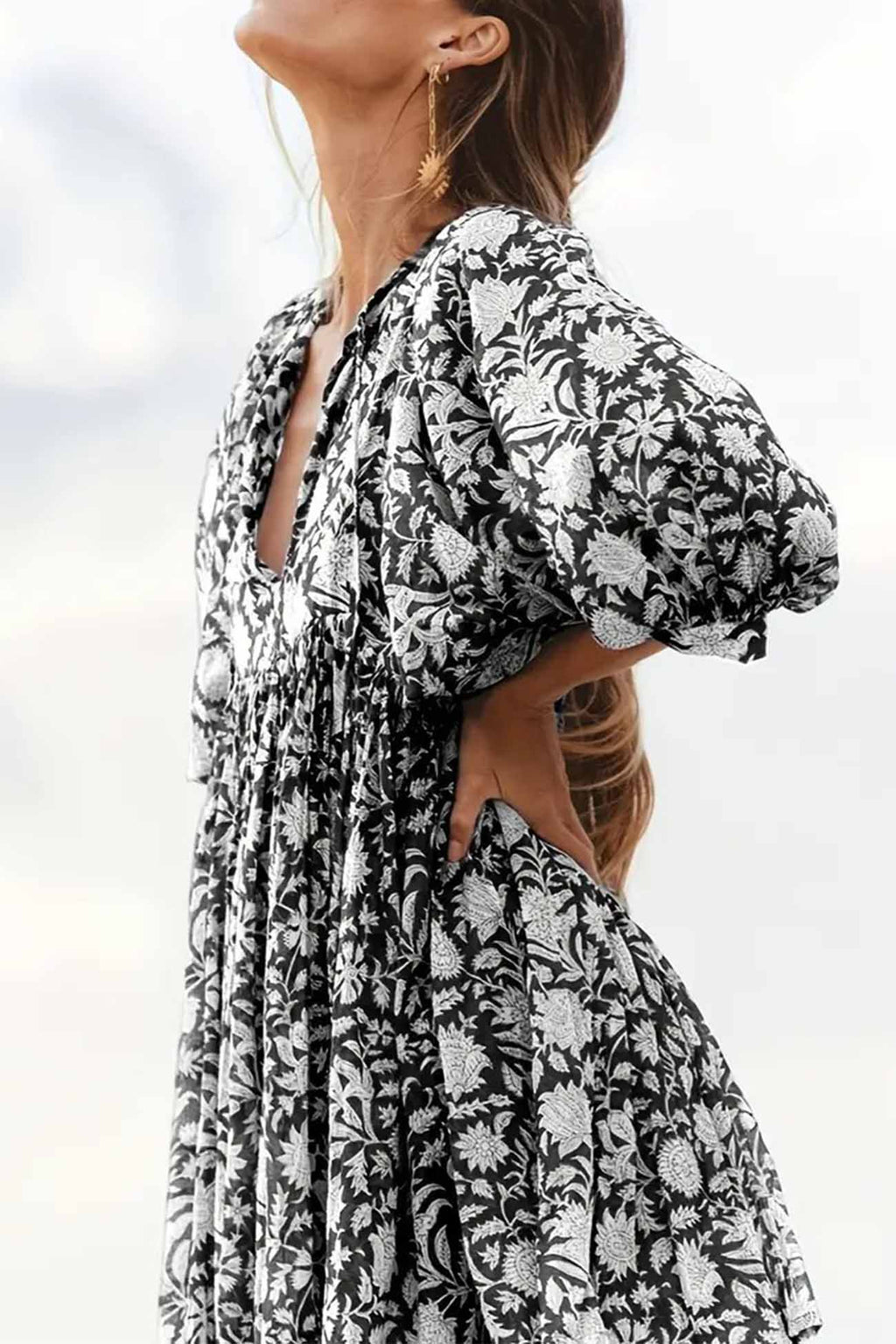 Printed Lantern Sleeve V Neck Midi Dress