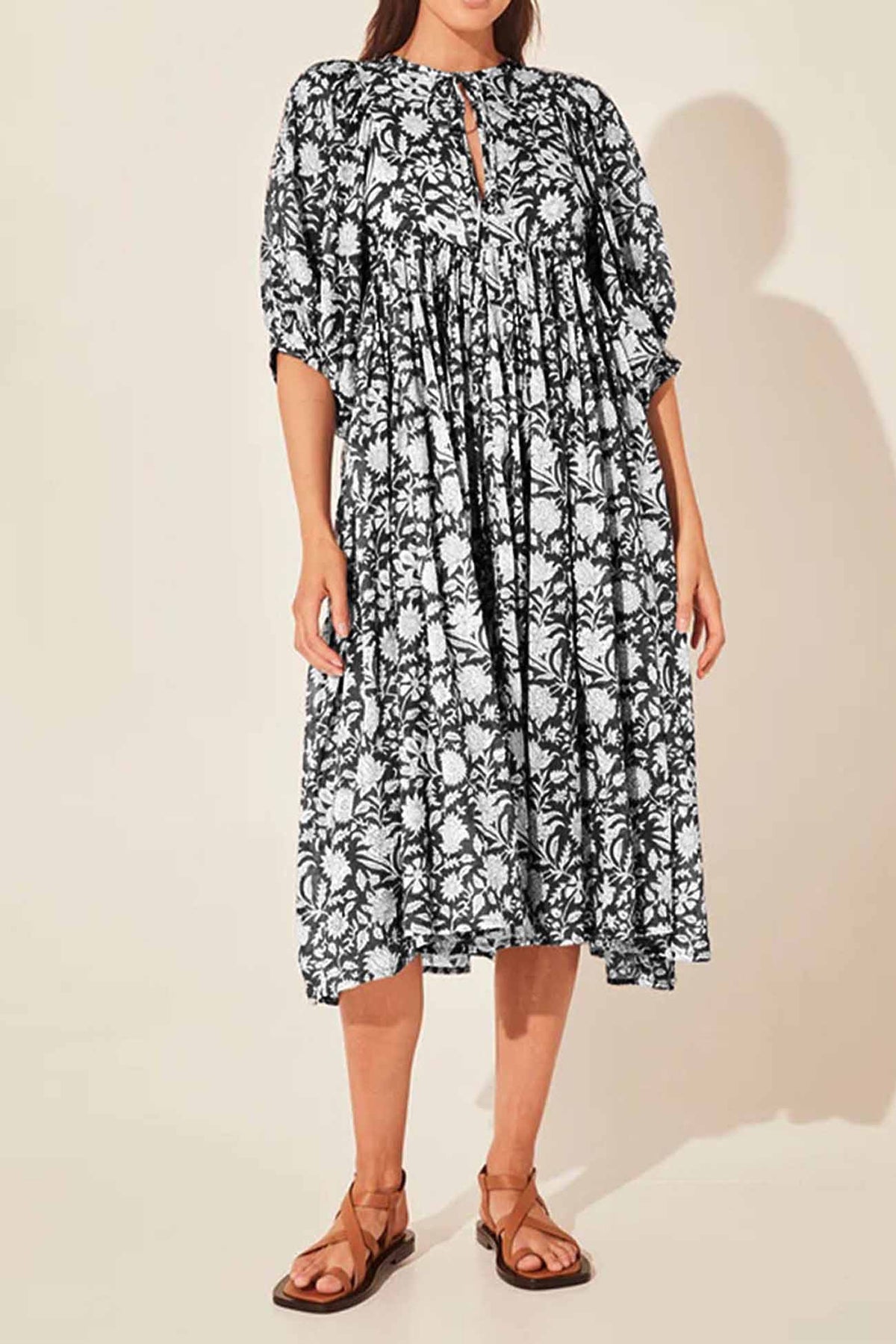 Printed Lantern Sleeve V Neck Midi Dress