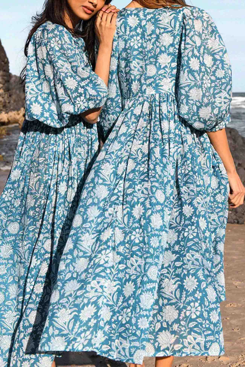 Printed Lantern Sleeve V Neck Midi Dress