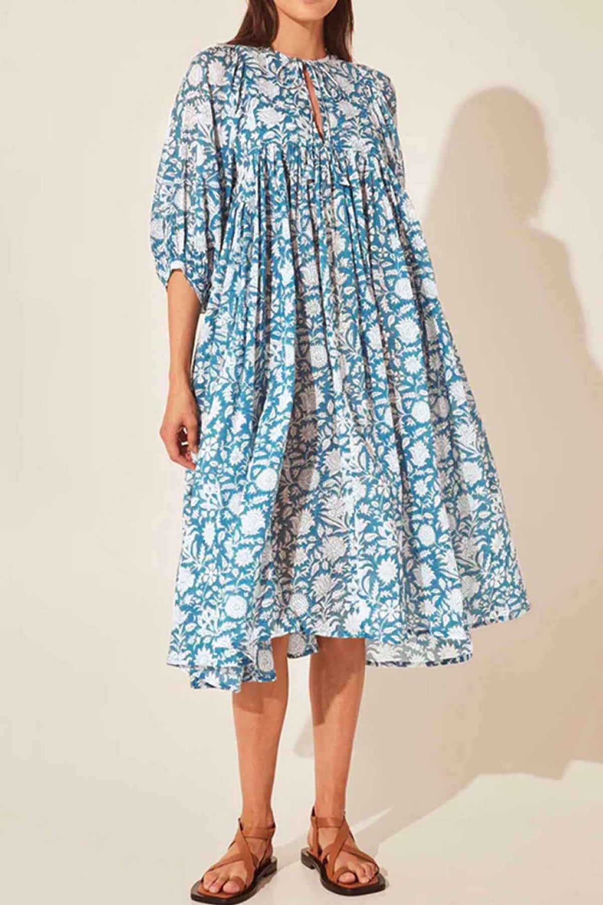 Printed Lantern Sleeve V Neck Midi Dress