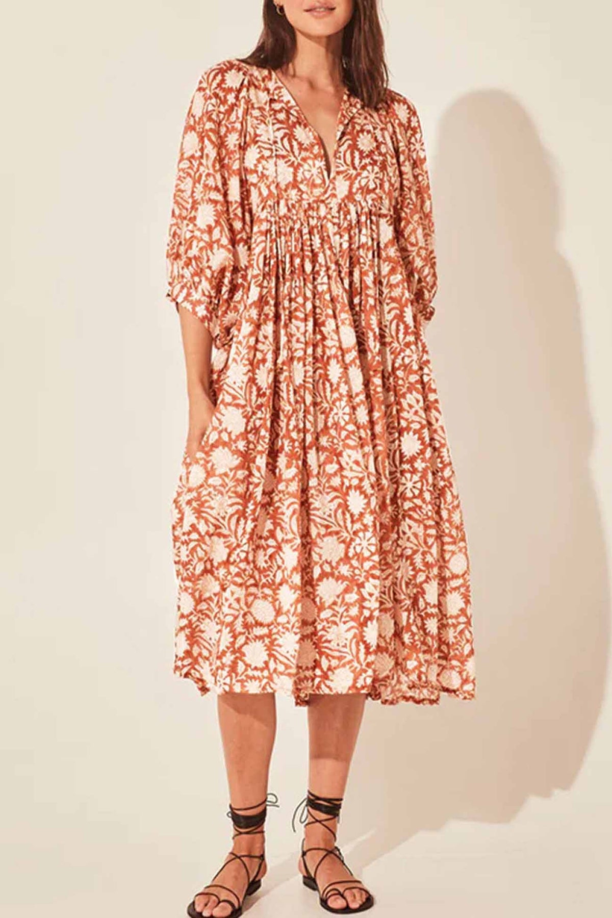 Printed Lantern Sleeve V Neck Midi Dress