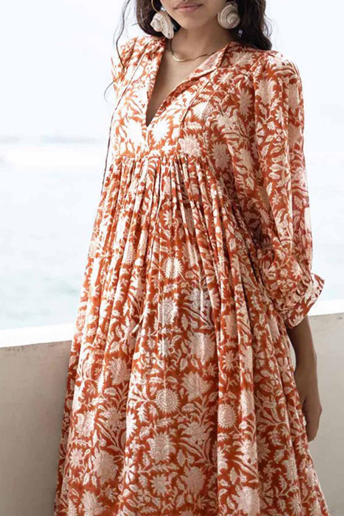 Printed Lantern Sleeve V Neck Midi Dress