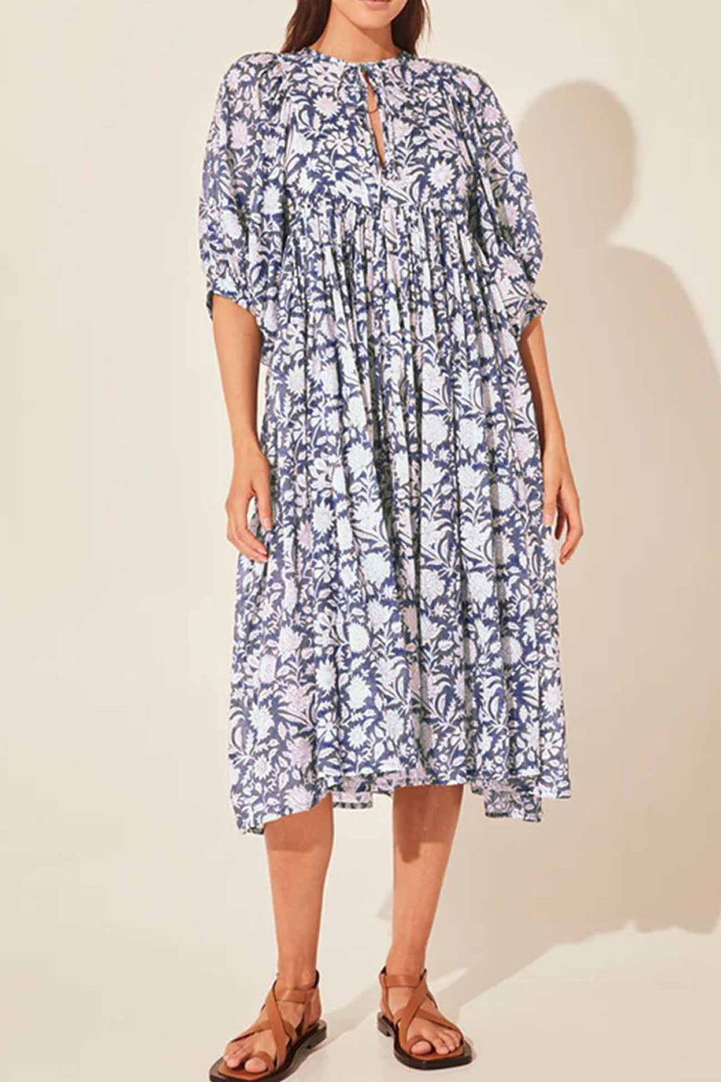 Printed Lantern Sleeve V Neck Midi Dress
