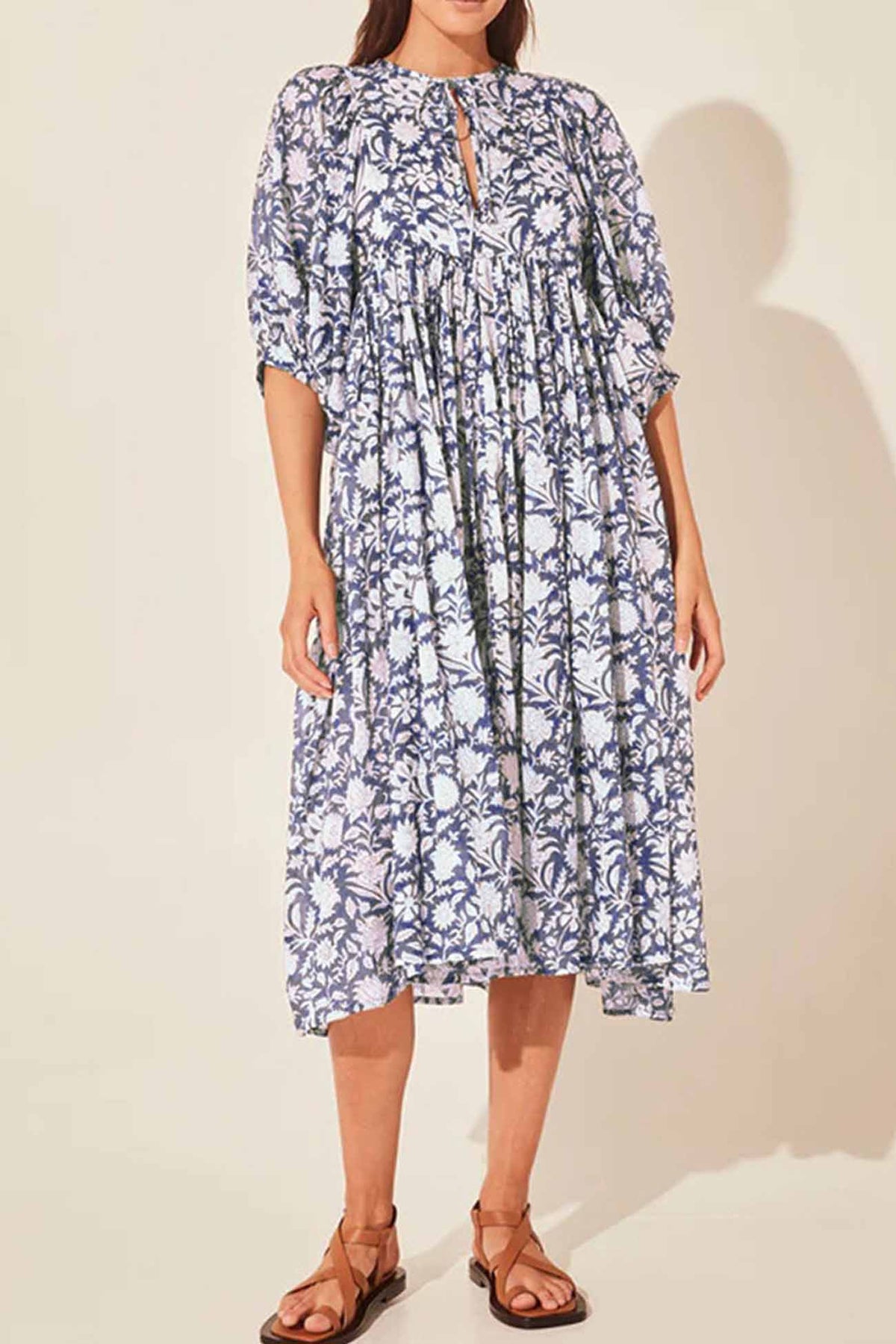 Printed Lantern Sleeve V Neck Midi Dress