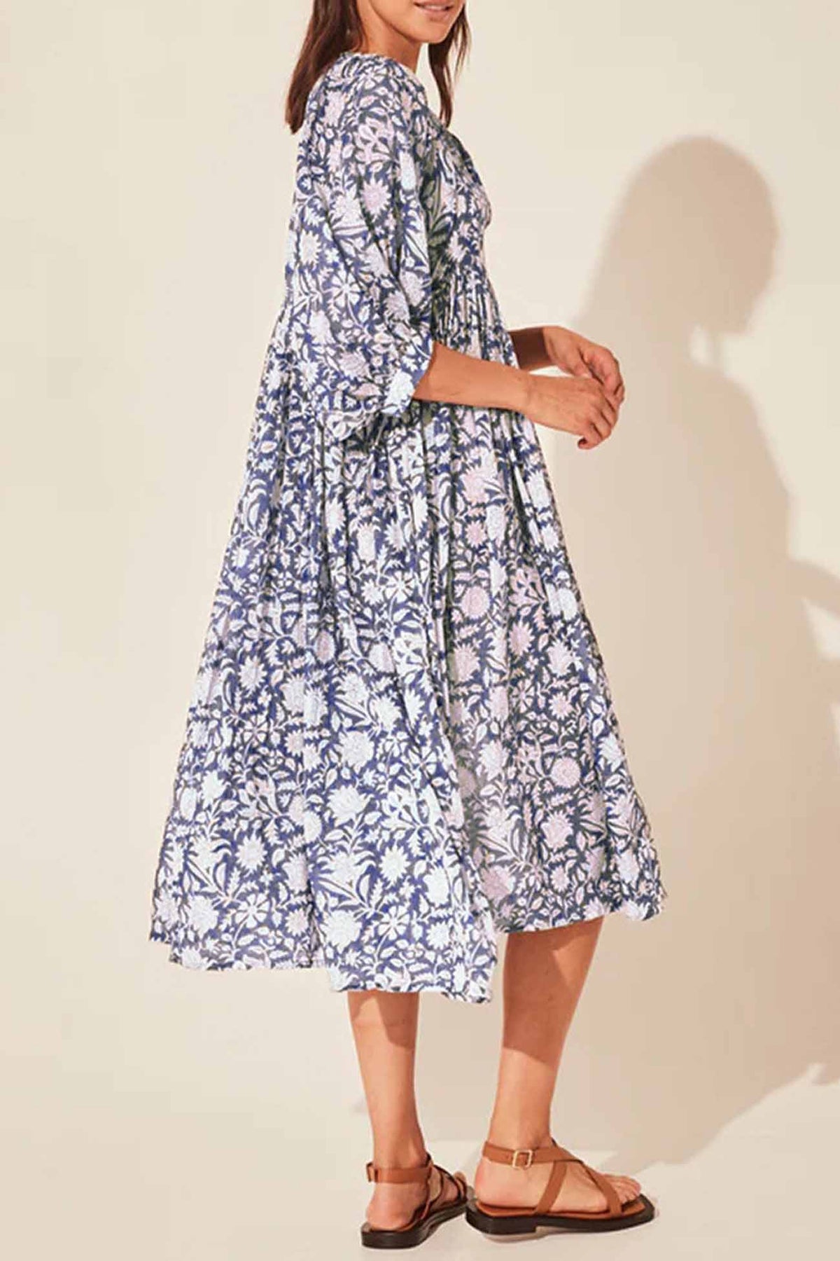 Printed Lantern Sleeve V Neck Midi Dress