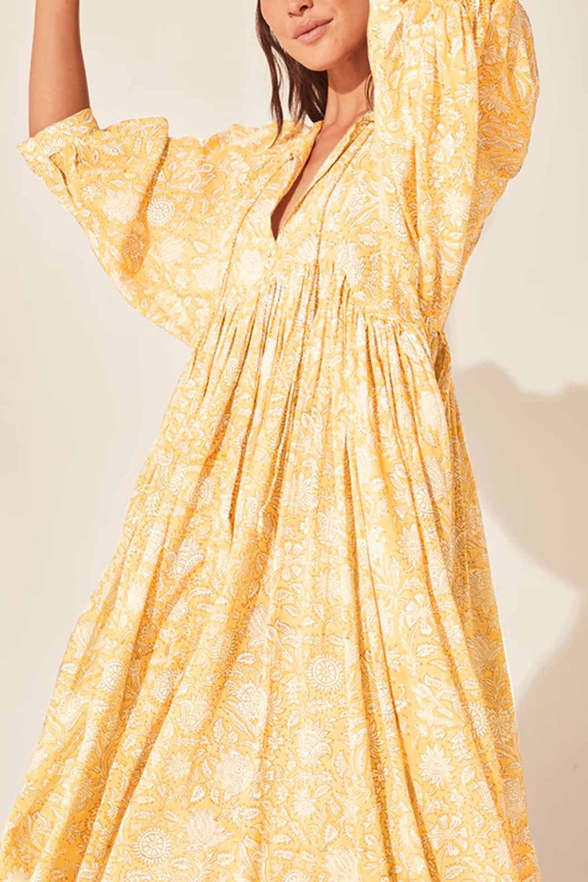 Printed Lantern Sleeve V Neck Midi Dress