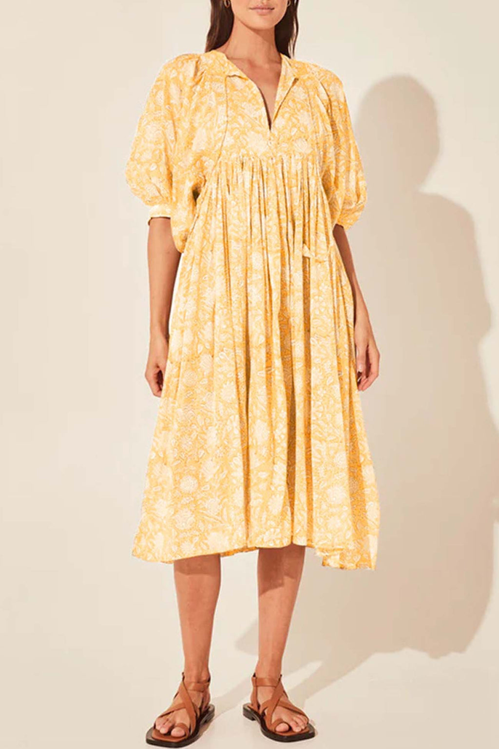 Printed Lantern Sleeve V Neck Midi Dress