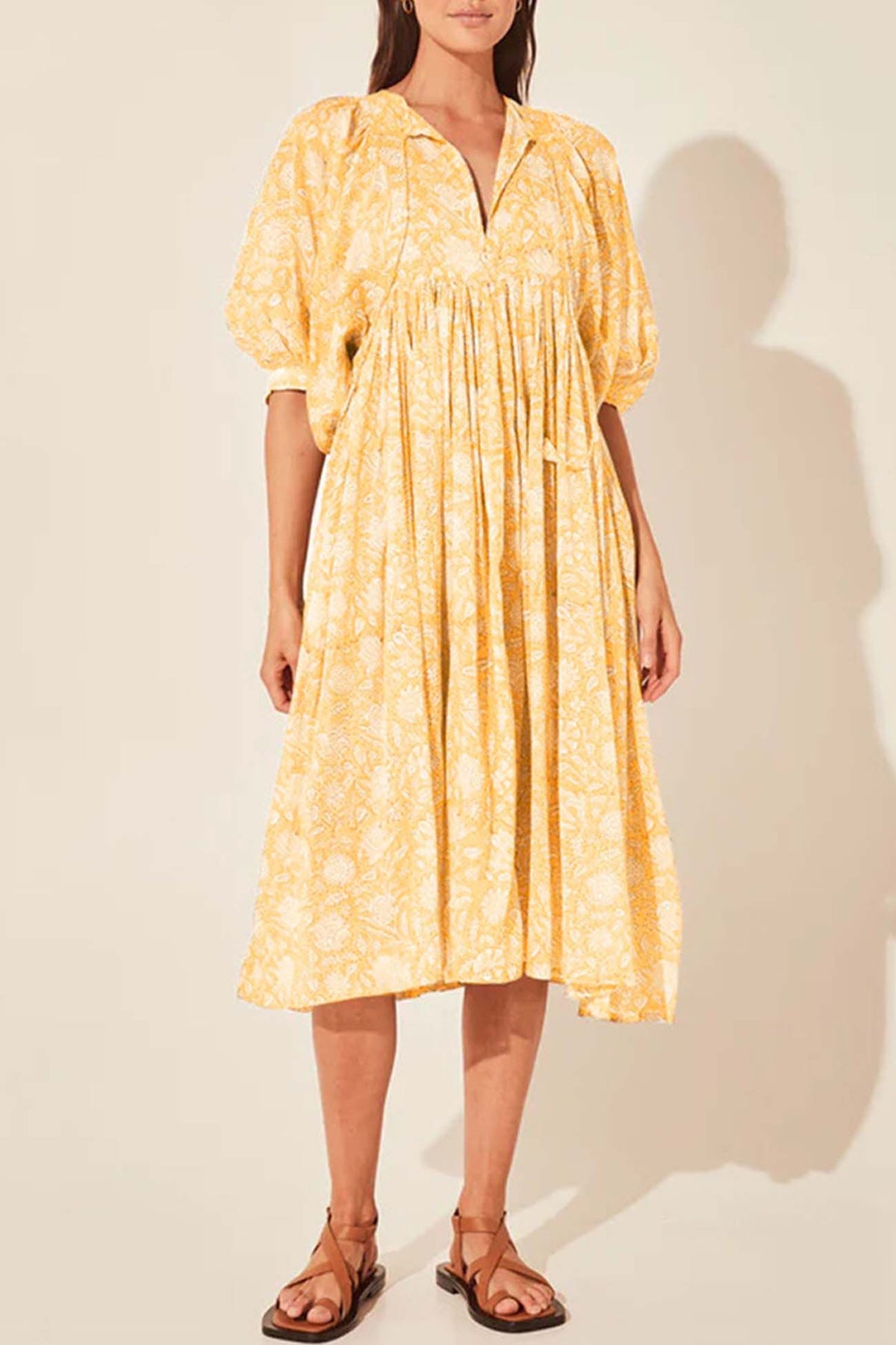 Printed Lantern Sleeve V Neck Midi Dress
