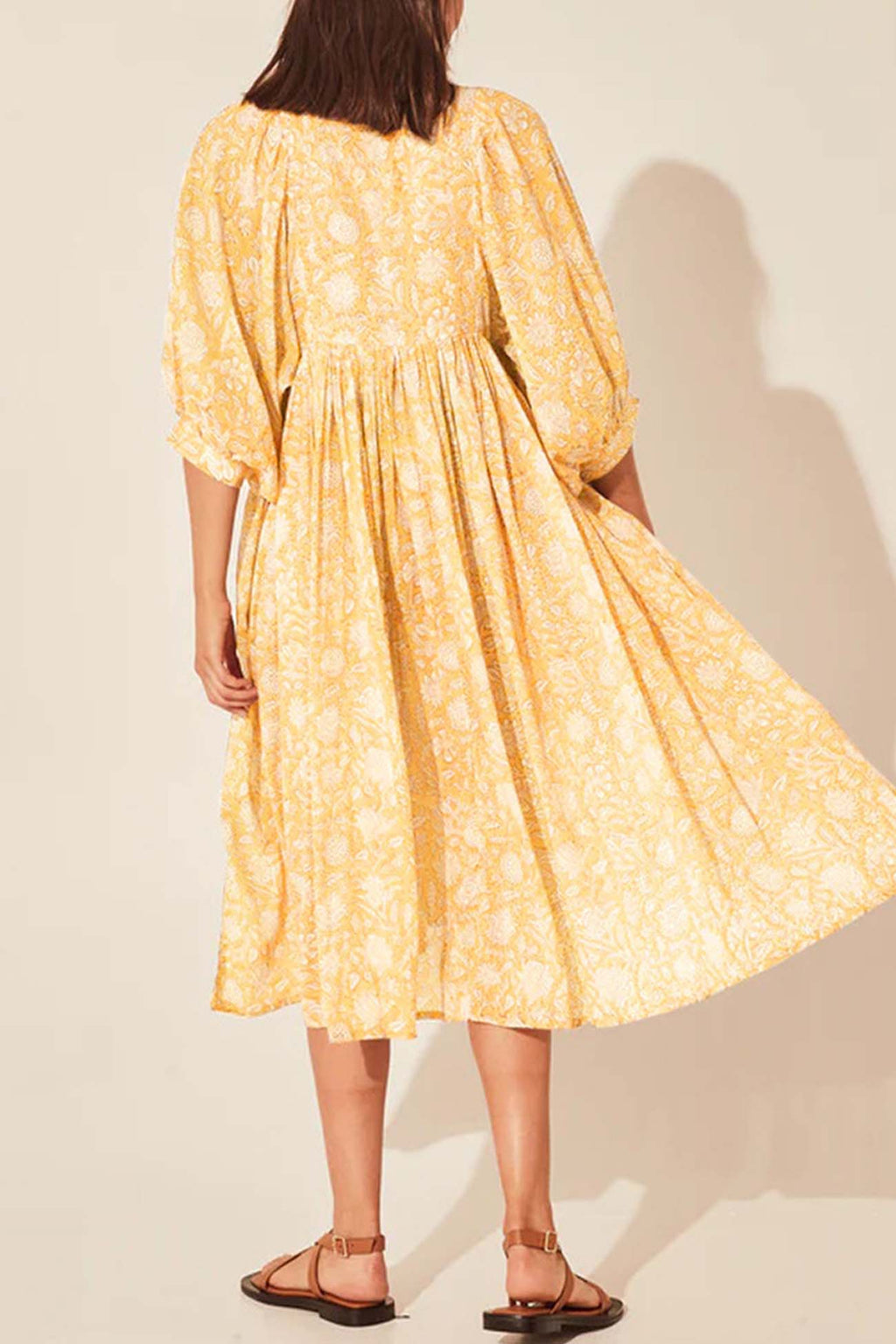 Printed Lantern Sleeve V Neck Midi Dress
