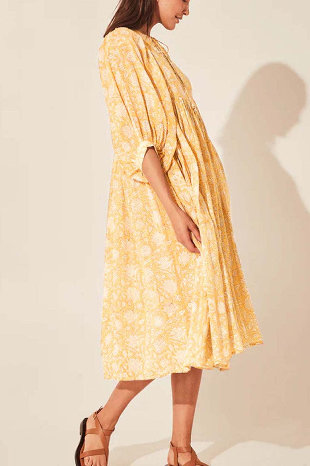 Printed Lantern Sleeve V Neck Midi Dress