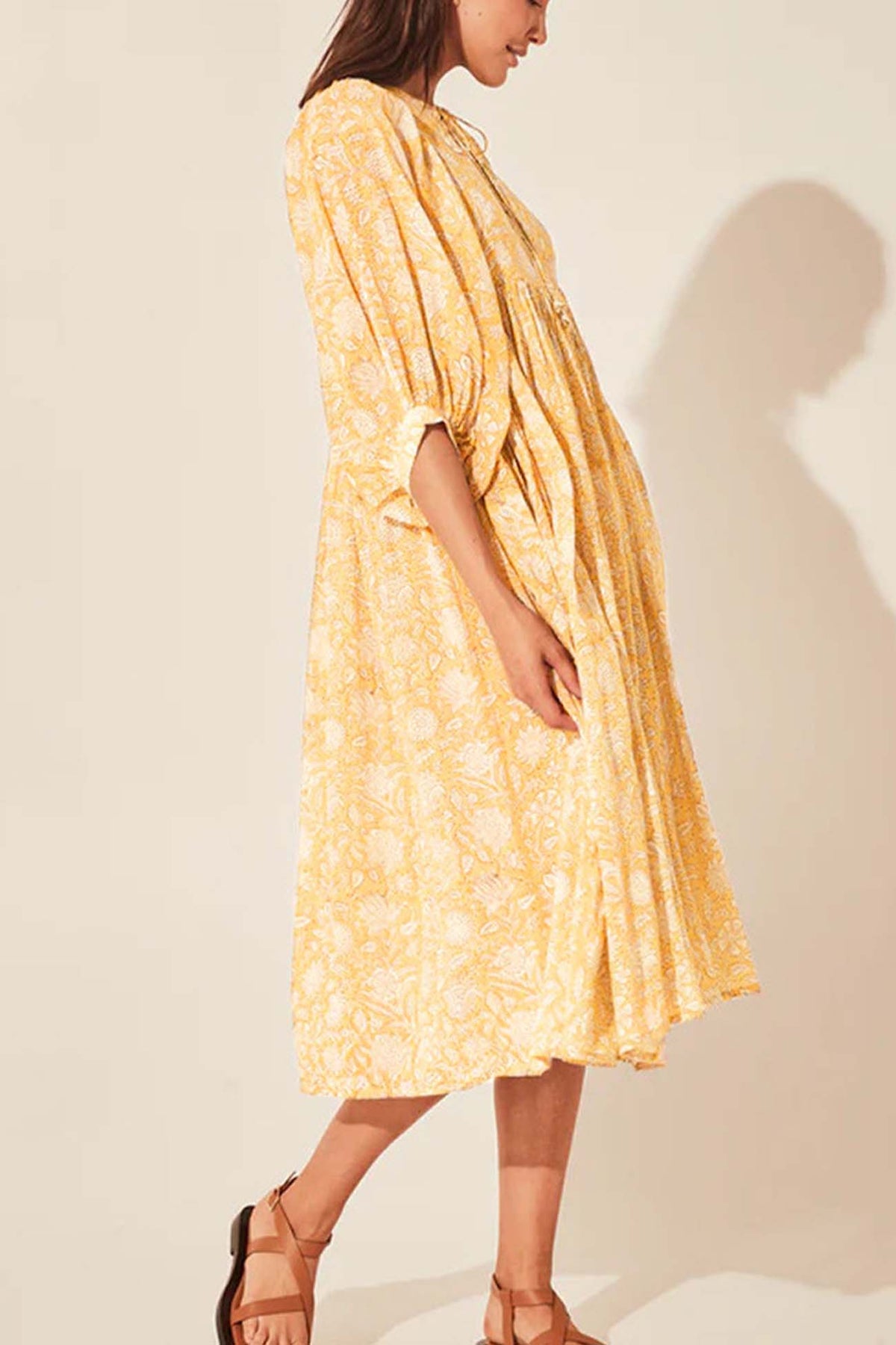 Printed Lantern Sleeve V Neck Midi Dress