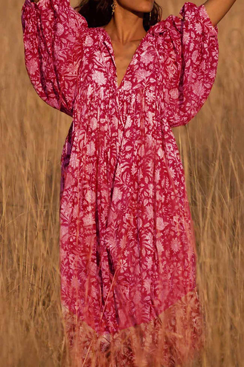 Printed Lantern Sleeve V Neck Midi Dress
