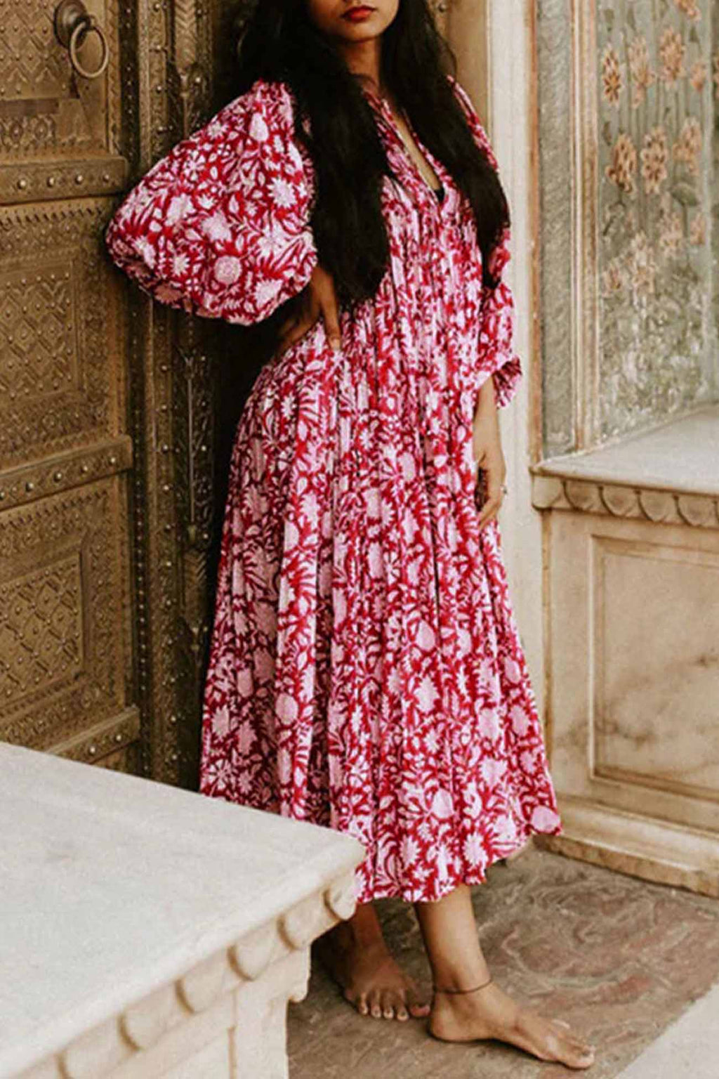 Printed Lantern Sleeve V Neck Midi Dress