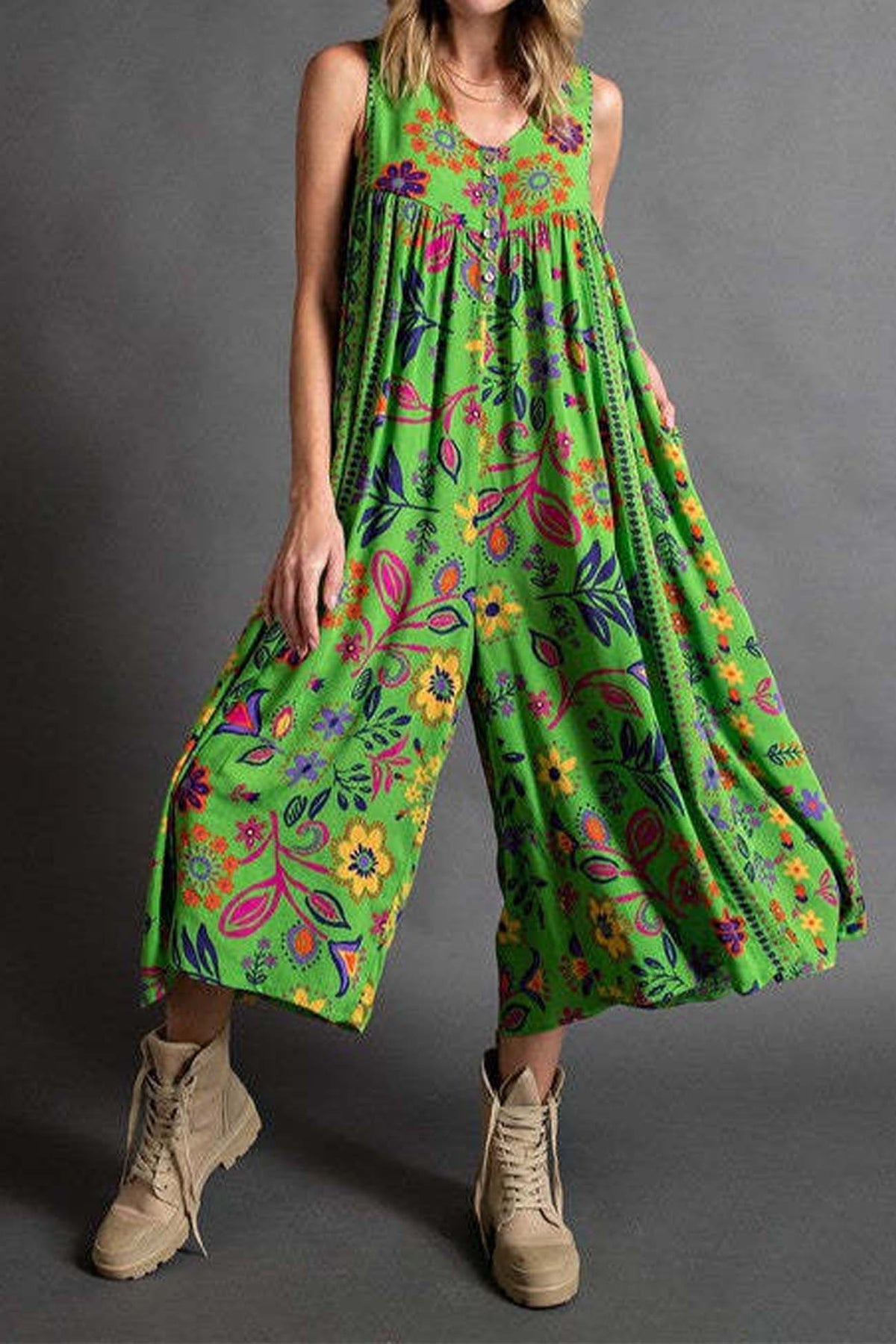 Printed Ruched Sleeveless Jumpsuits
