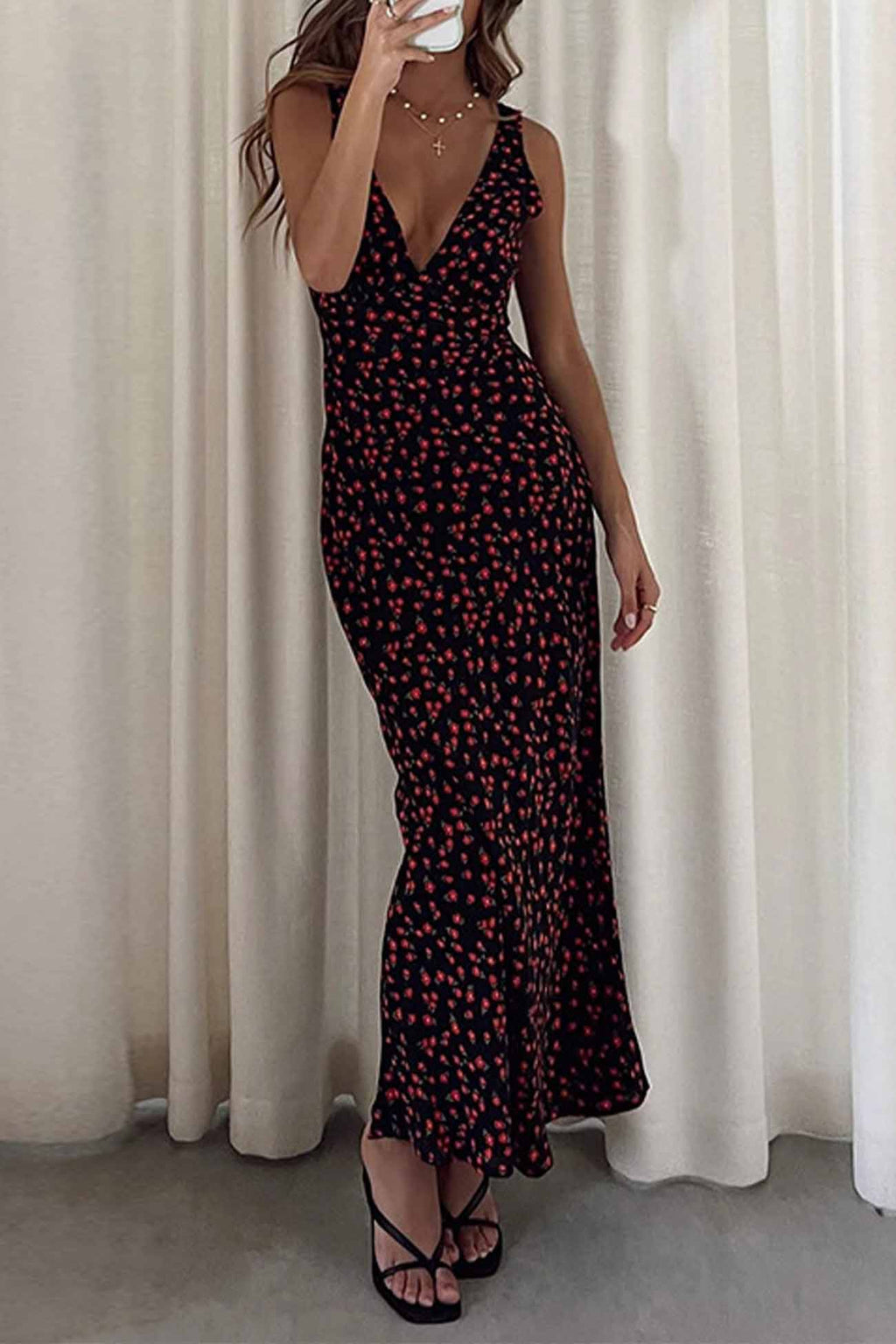 Printed Sleeveless V Neck Midi Dress