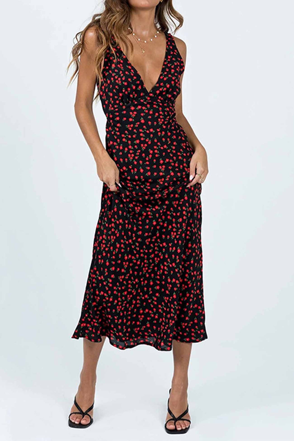 Printed Sleeveless V Neck Midi Dress