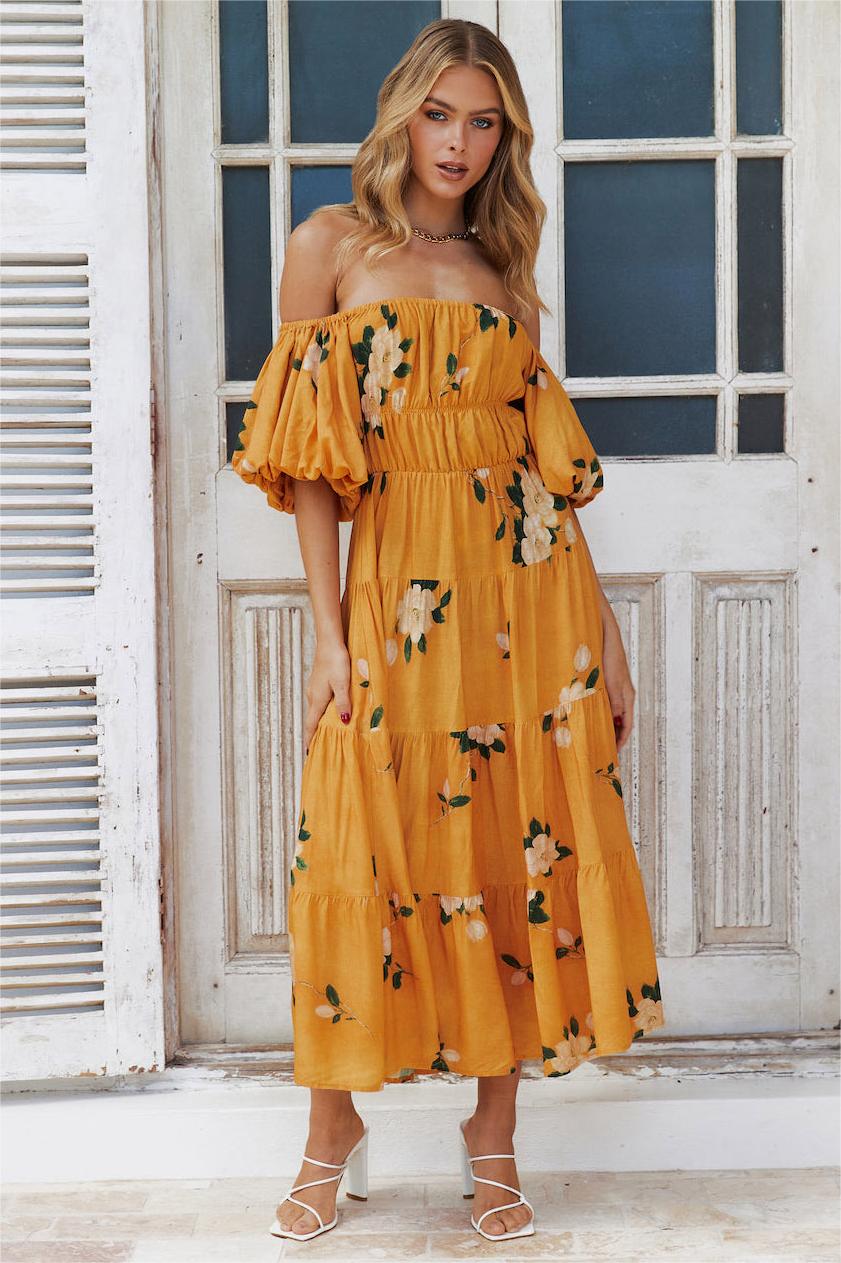 Puff Sleeve Off-shoulder Maxi Dress Orange