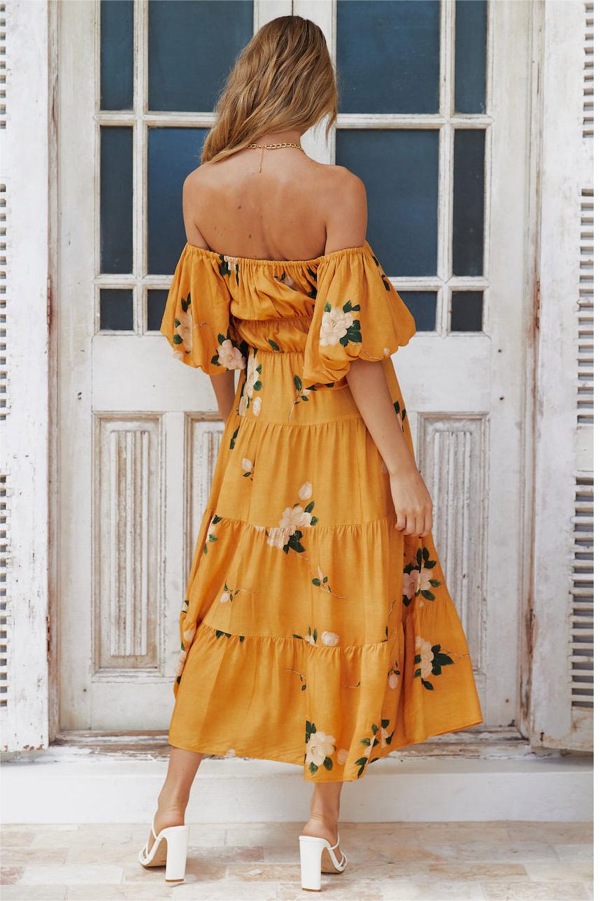 Puff Sleeve Off-shoulder Maxi Dress Orange