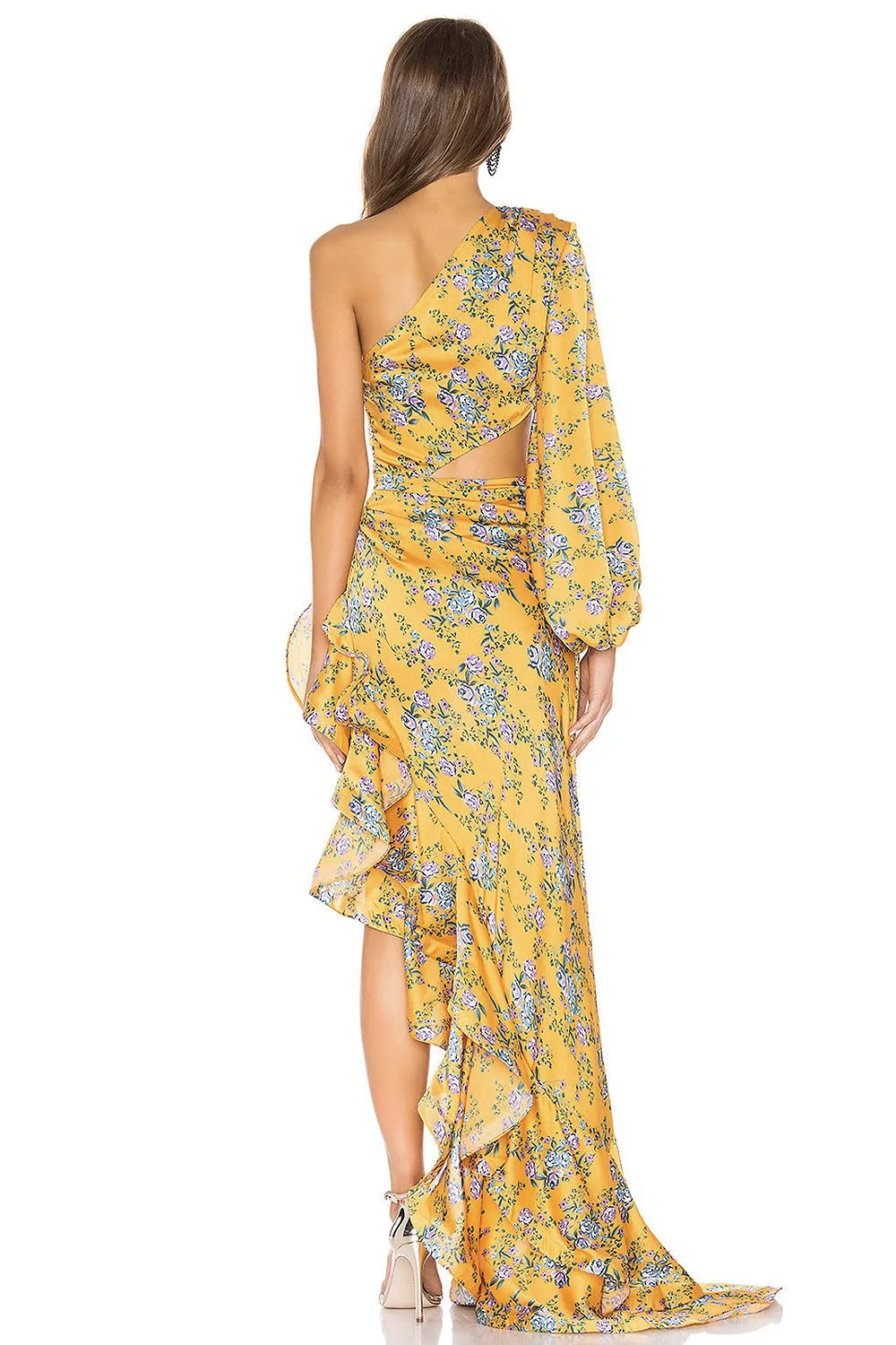 Slanted Shoulder Long Sleeve Ruffle Irregular Maxi Dress
