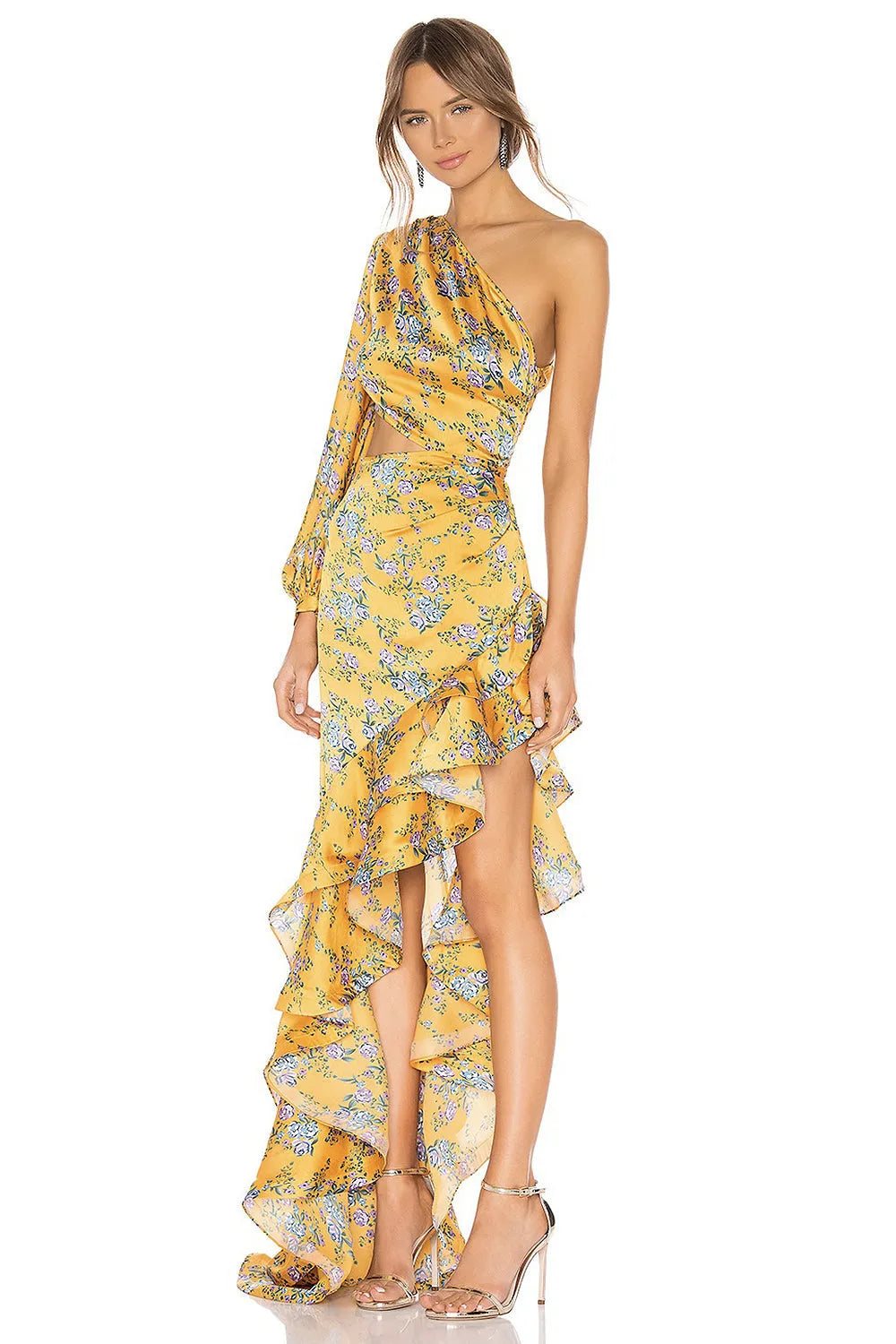 Slanted Shoulder Long Sleeve Ruffle Irregular Maxi Dress