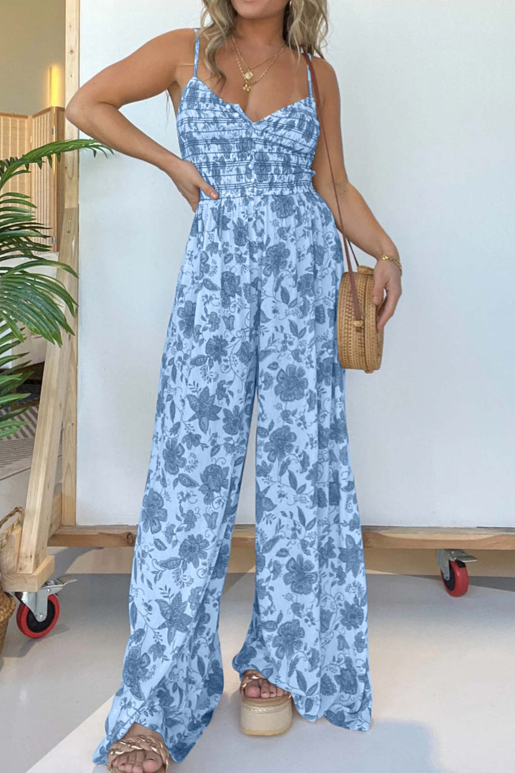 Sleeveless V Neck Wide Leg Jumpsuit