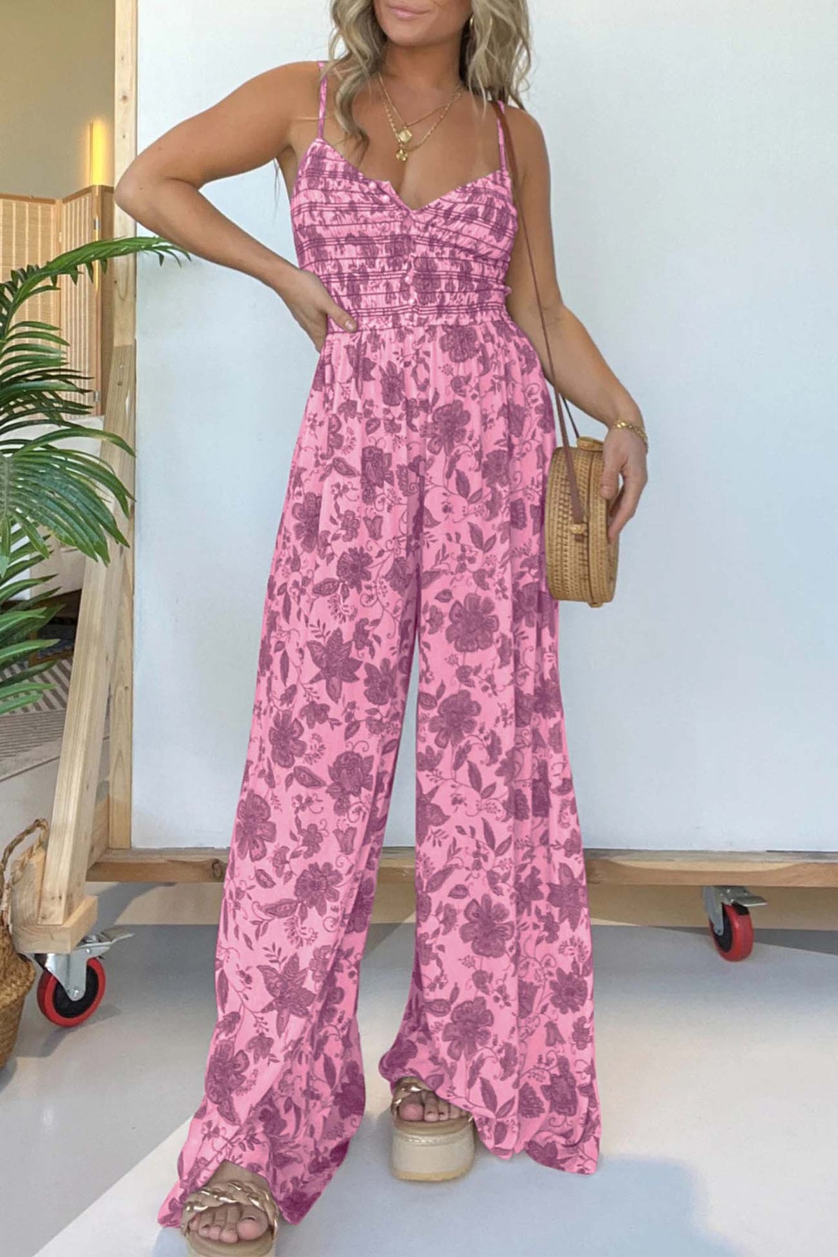 Sleeveless V Neck Wide Leg Jumpsuit