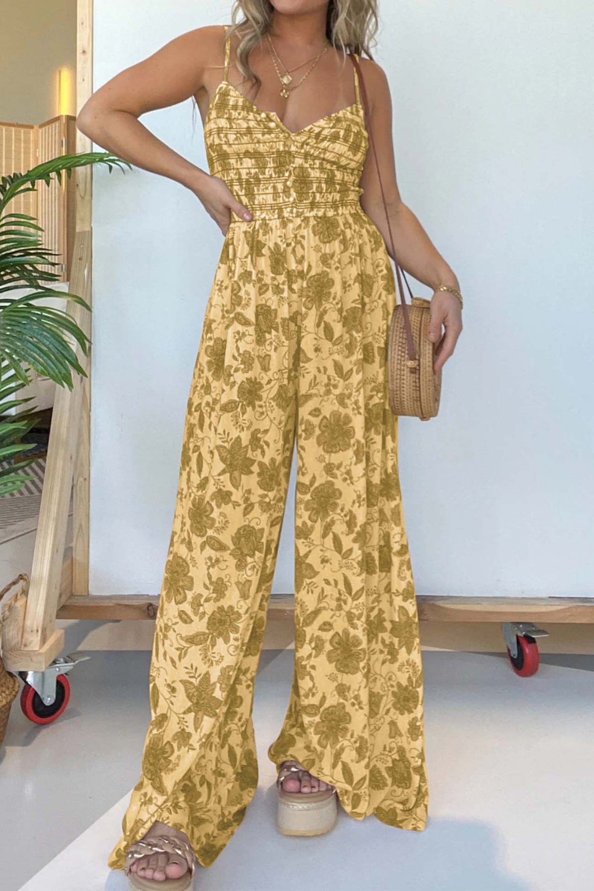Sleeveless V Neck Wide Leg Jumpsuit