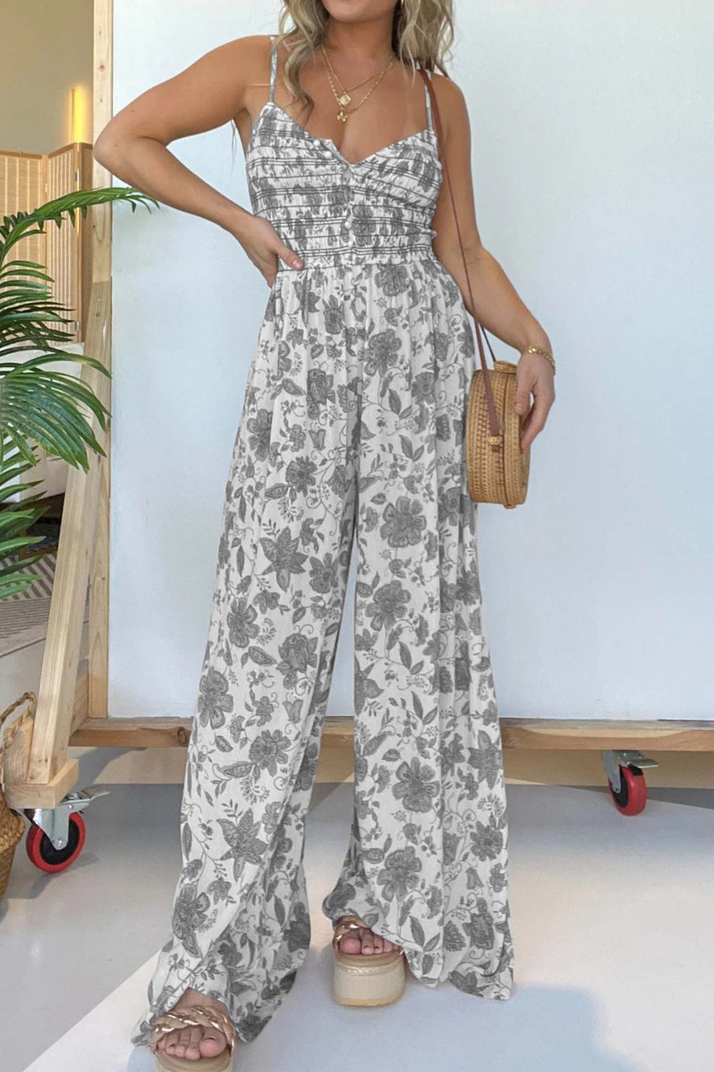 Sleeveless V Neck Wide Leg Jumpsuit