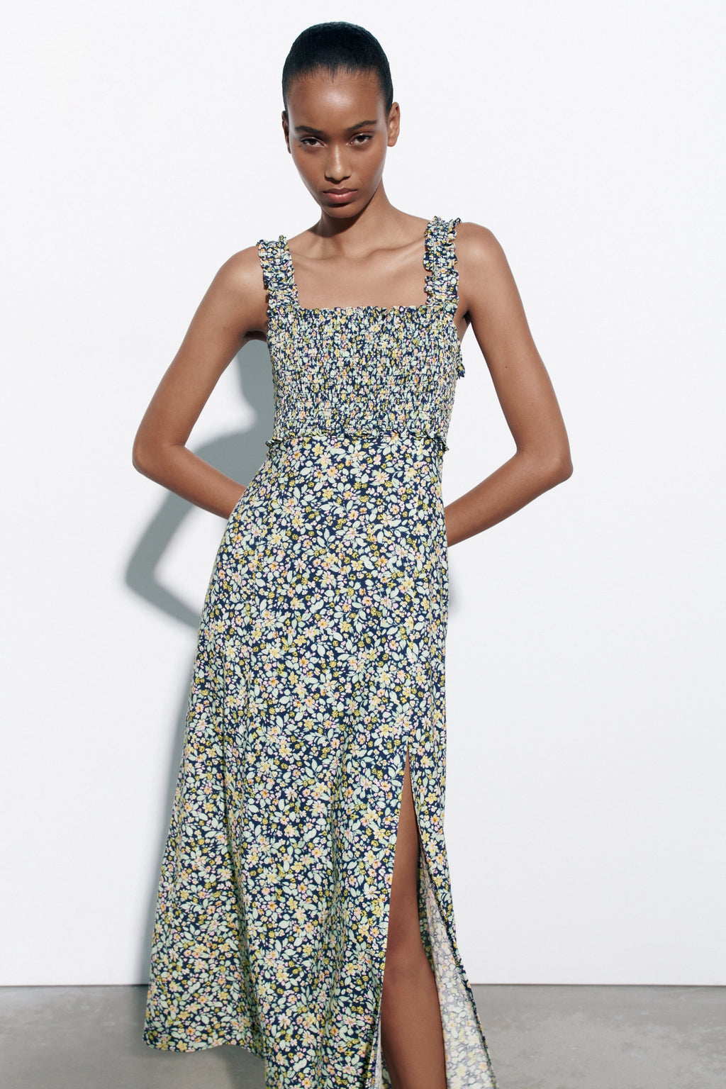 Cami Smocked Elastic Slit Midi Dress