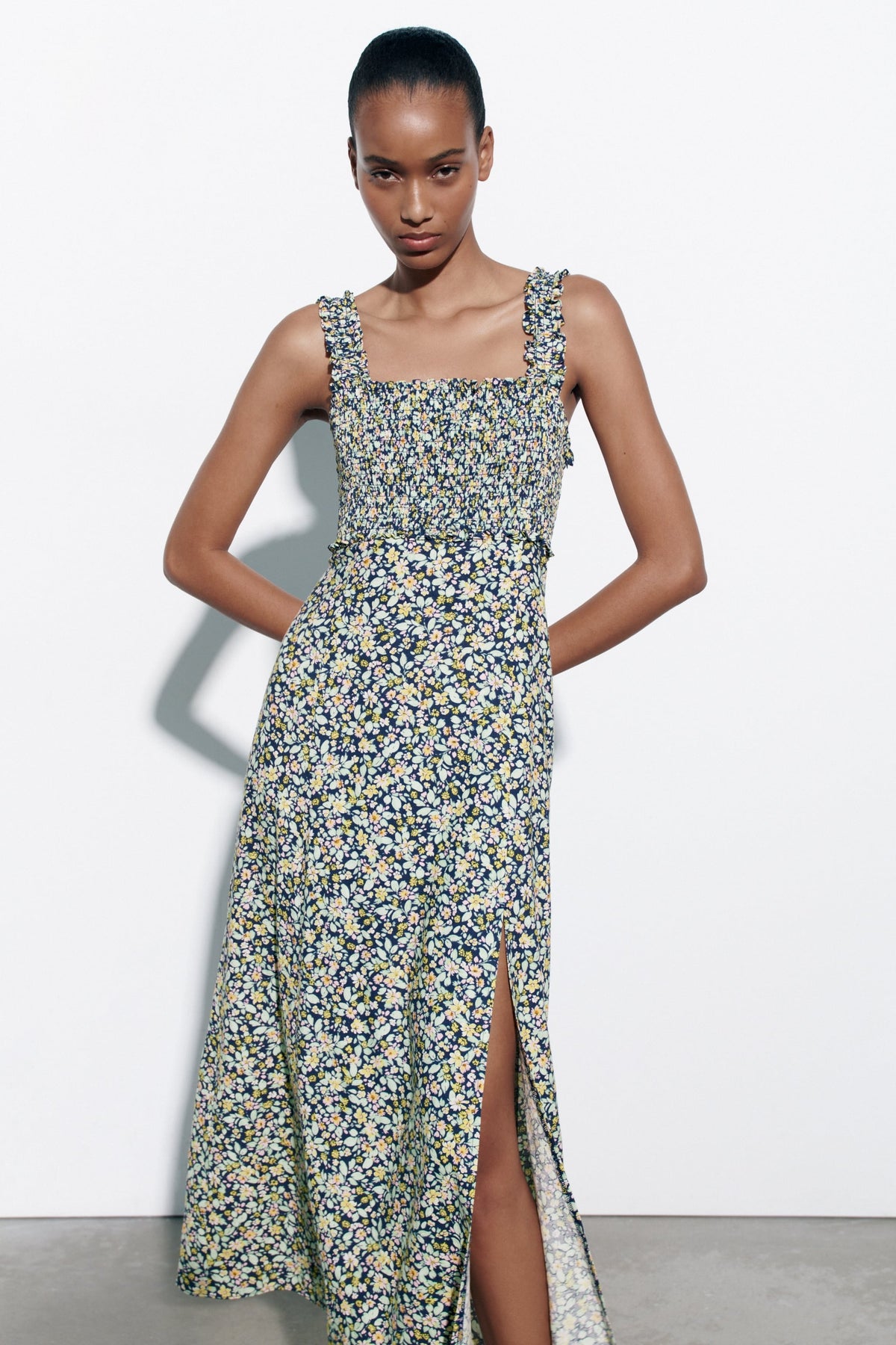Cami Smocked Elastic Slit Midi Dress