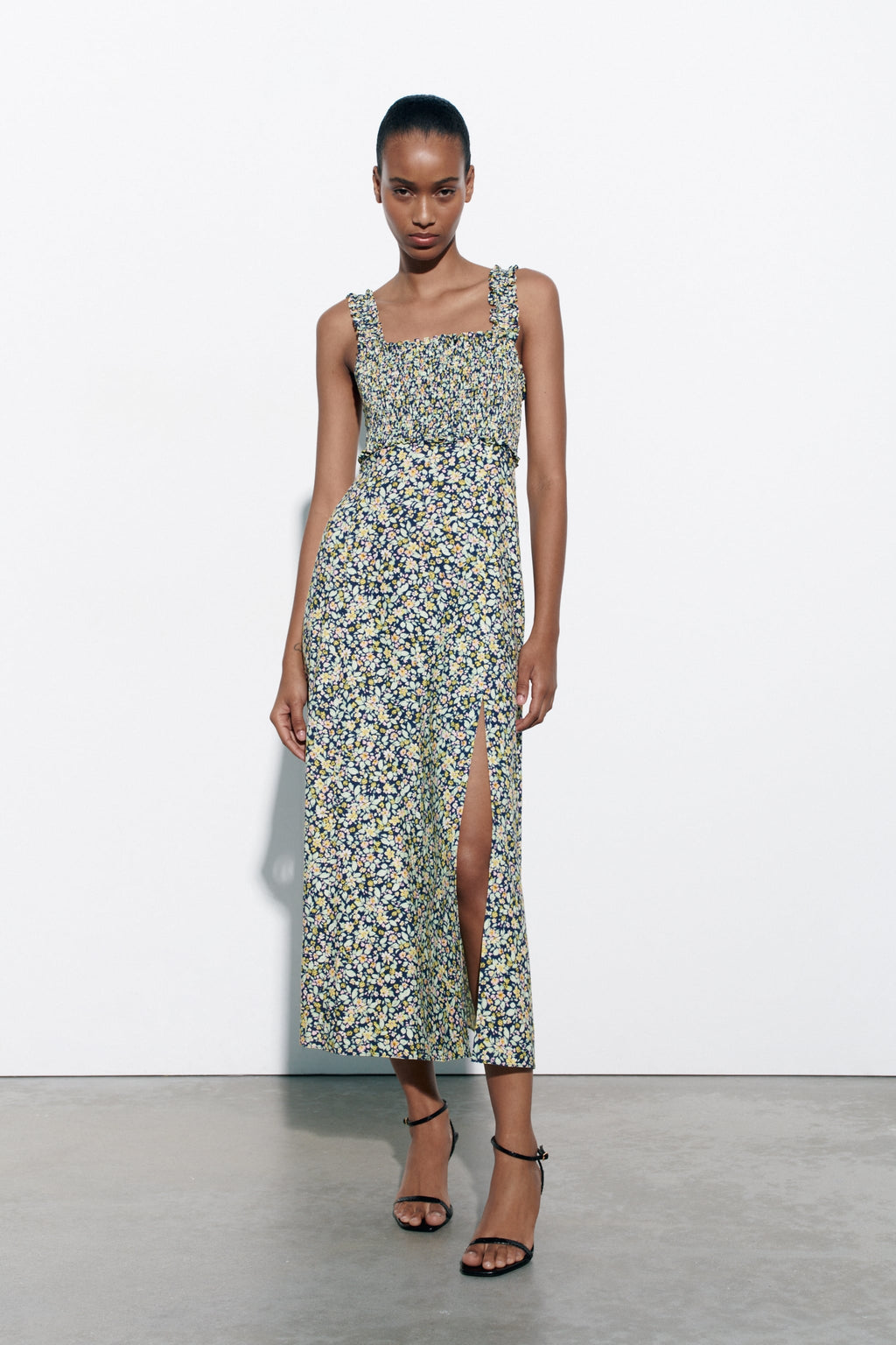 Cami Smocked Elastic Slit Midi Dress