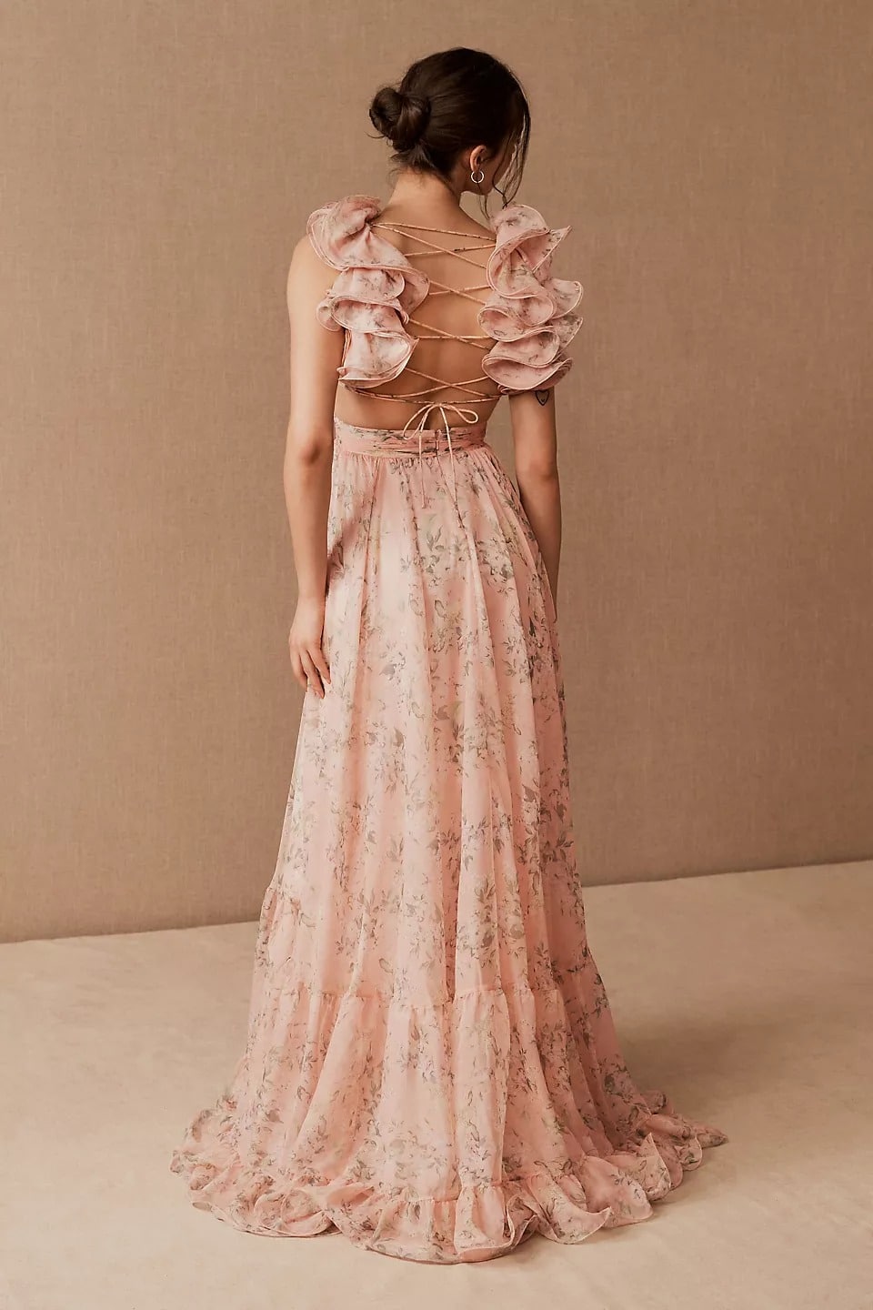 V-neck Cut-out Backless Ruffle Hem Maxi Dress Pink