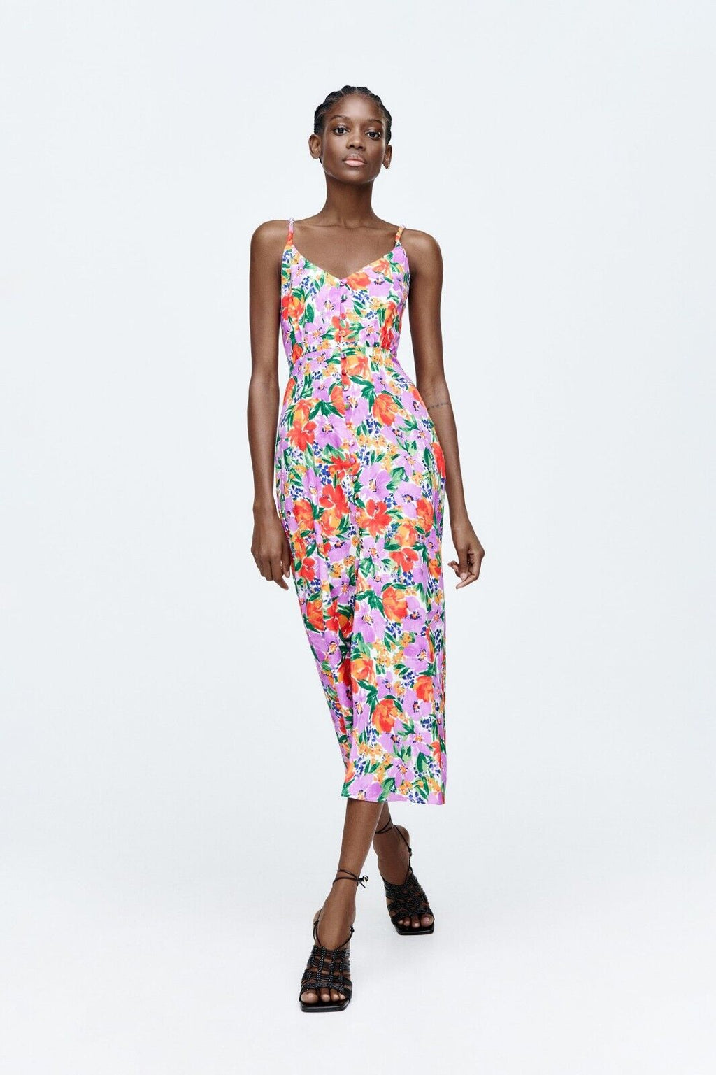Buttoned Trim Cami Slit Midi Dress