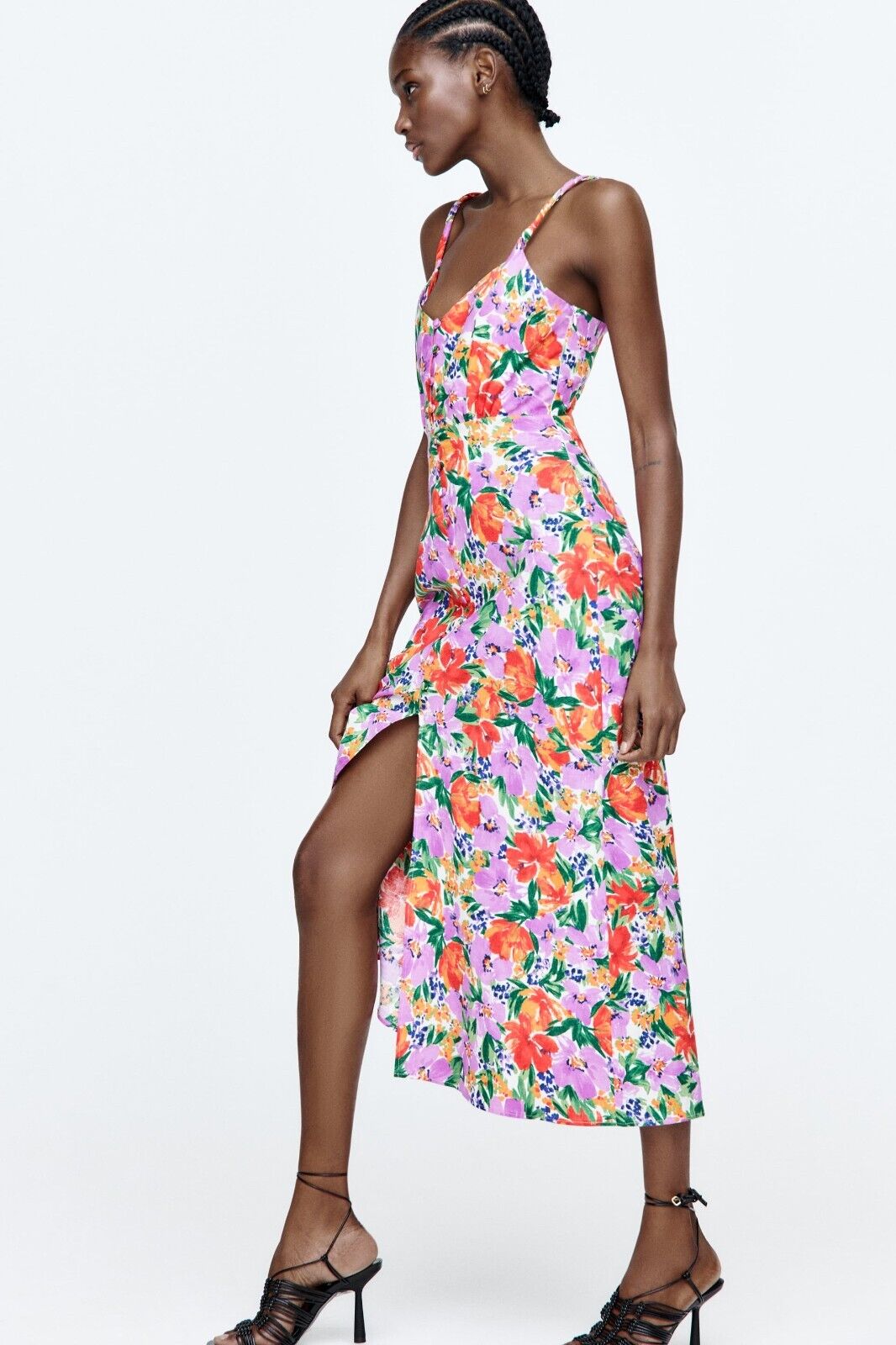 Buttoned Trim Cami Slit Midi Dress