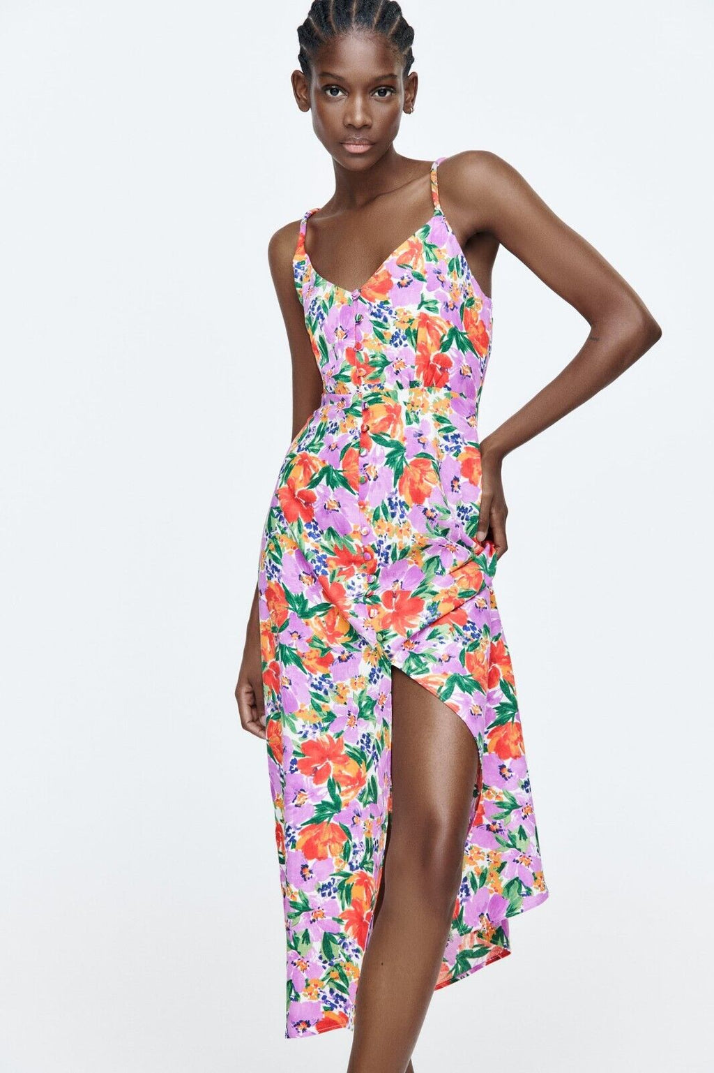 Buttoned Trim Cami Slit Midi Dress