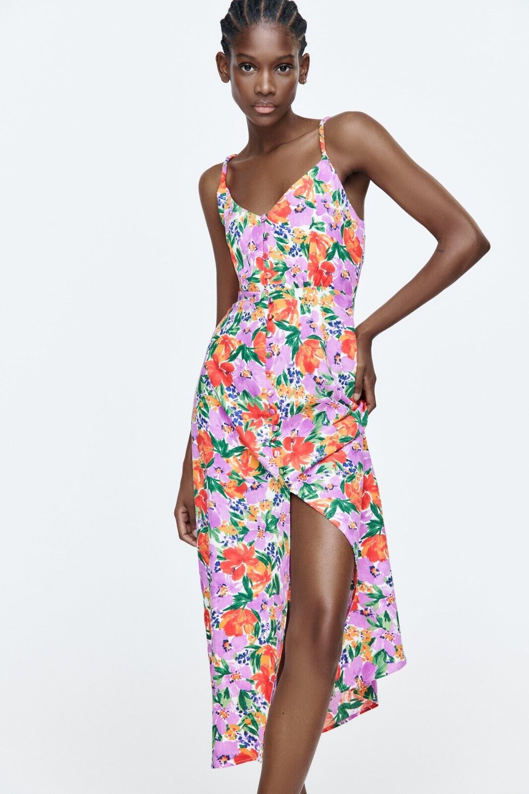 Buttoned Trim Cami Slit Midi Dress