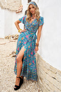 Flared Sleeve Wrapover Lace Up Maxi Dress
