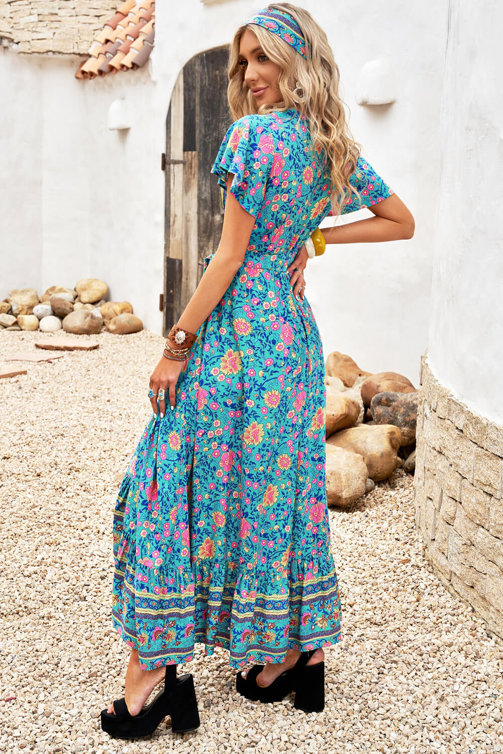 Flared Sleeve Wrapover Lace Up Maxi Dress