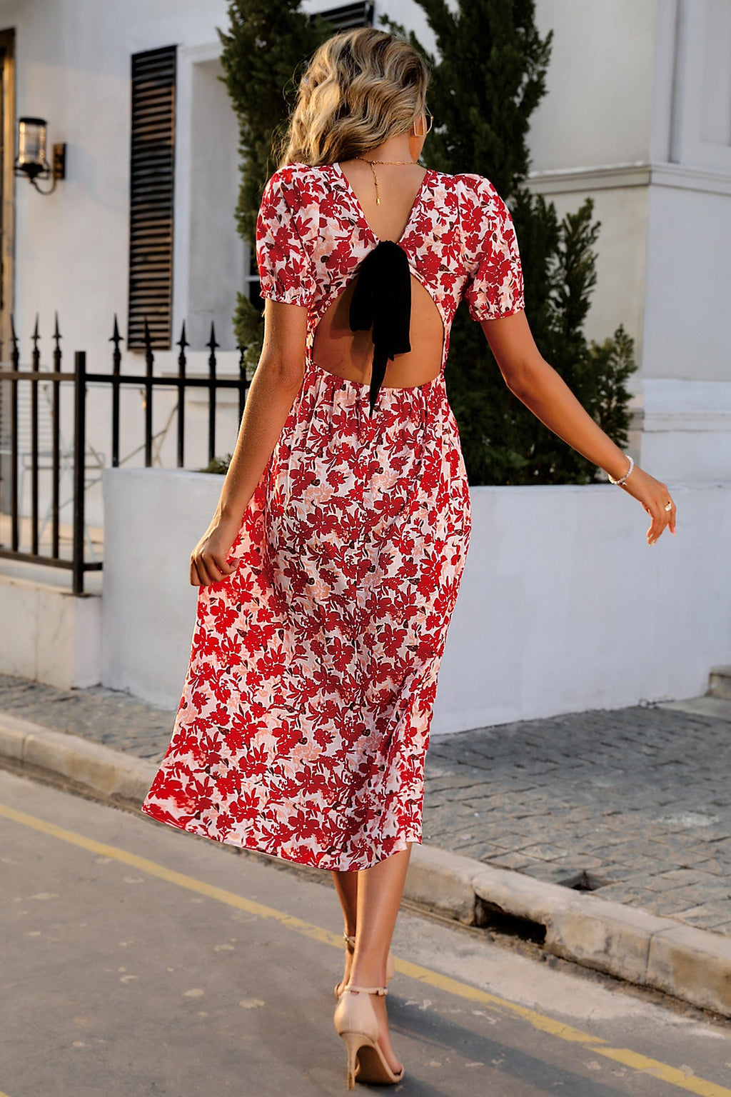 Puff Sleeve Lace Up Backless Midi Dress