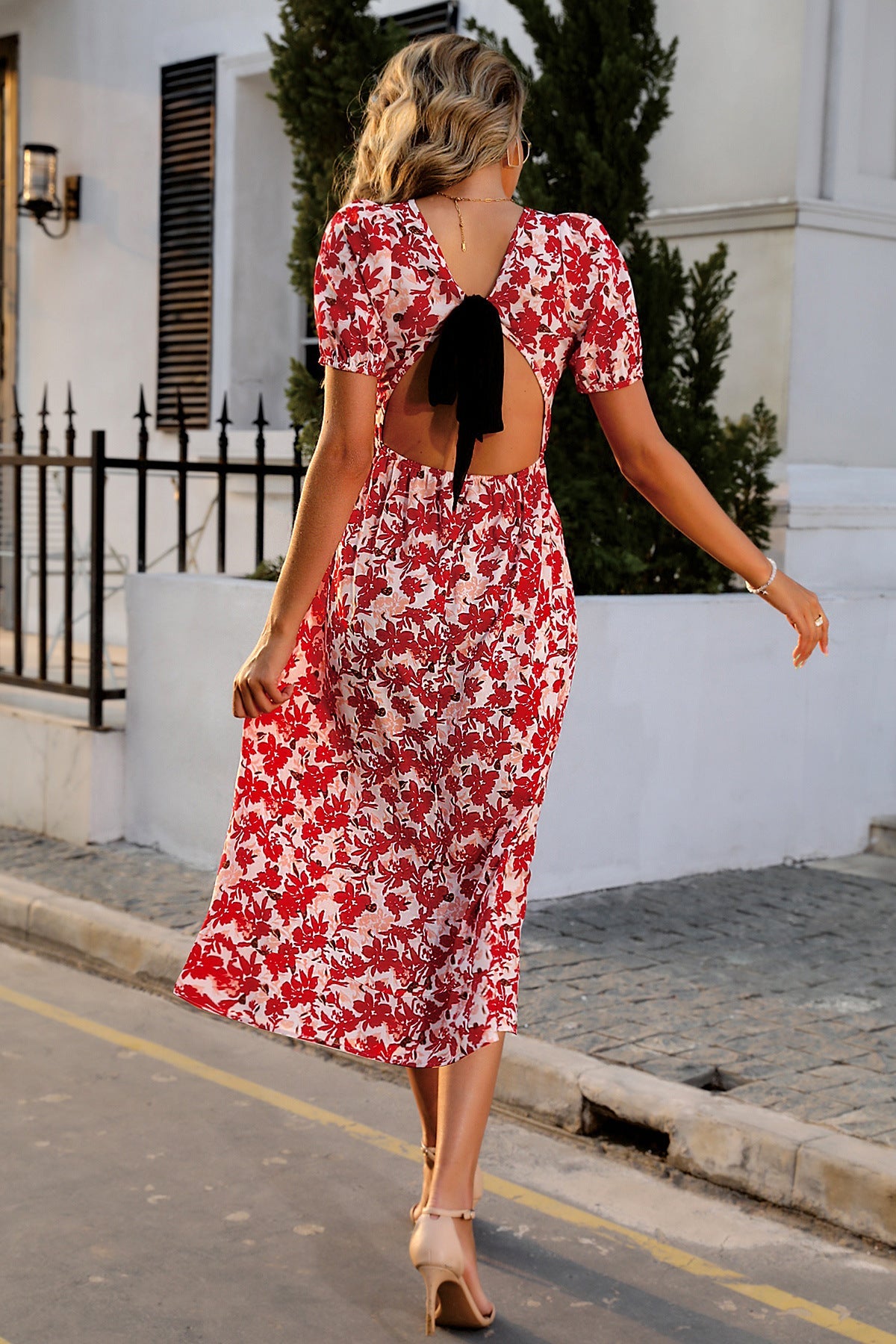 Puff Sleeve Lace Up Backless Midi Dress