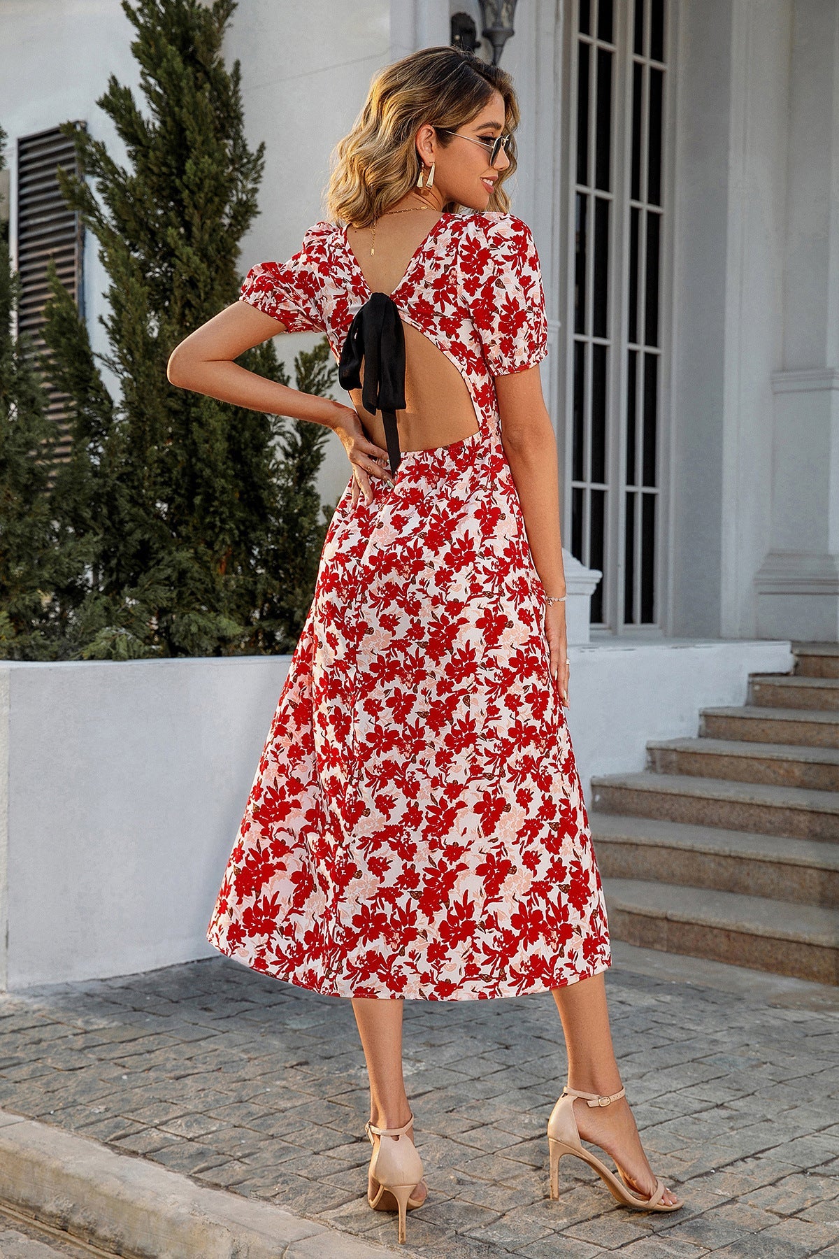 Puff Sleeve Lace Up Backless Midi Dress